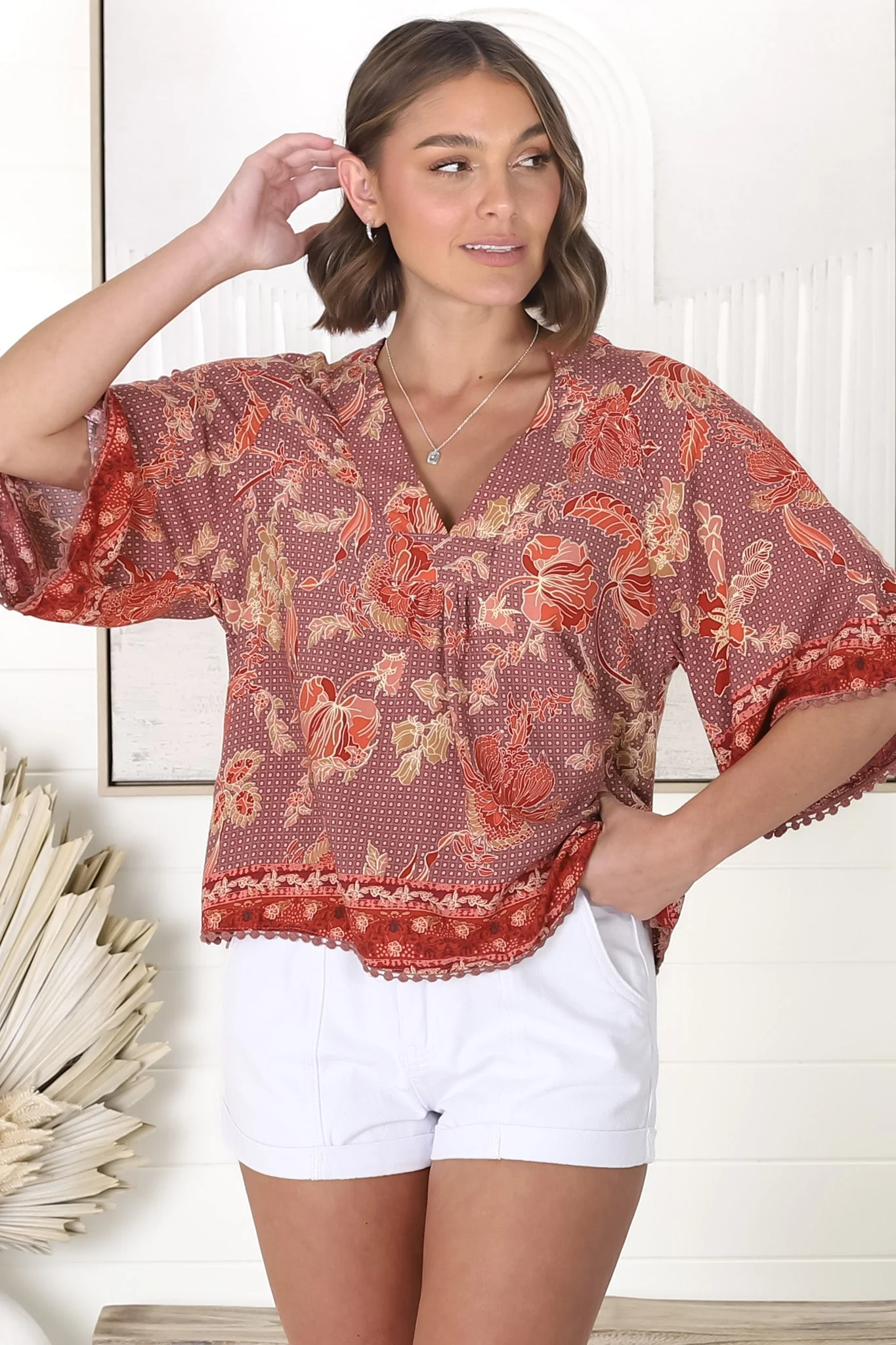 JAASE - Gabriella Top: Mandarin Collar Deep V Neck Crochet Trim Top in Ziggy Print - Image 17