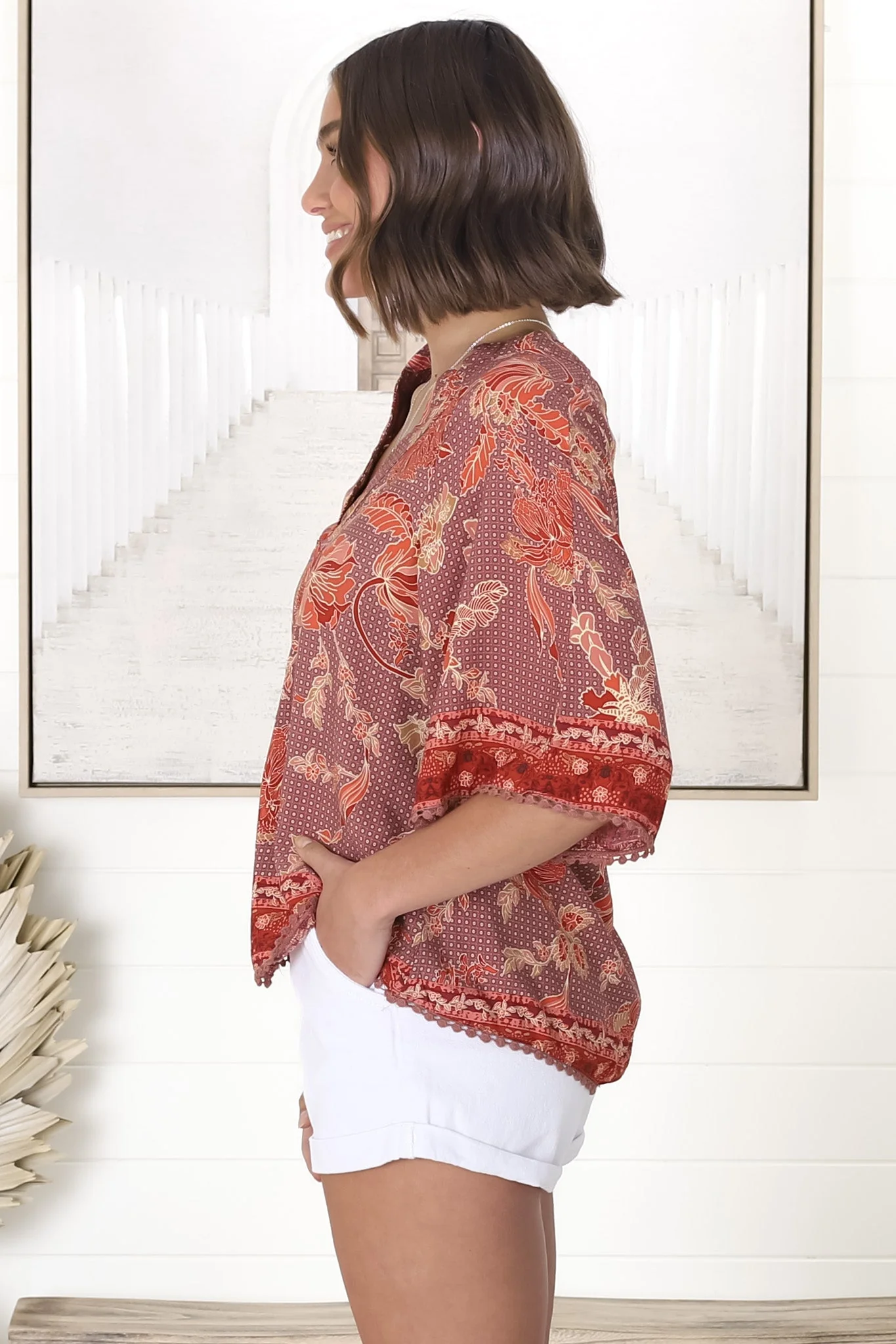 JAASE - Gabriella Top: Mandarin Collar Deep V Neck Crochet Trim Top in Ziggy Print - Image 20