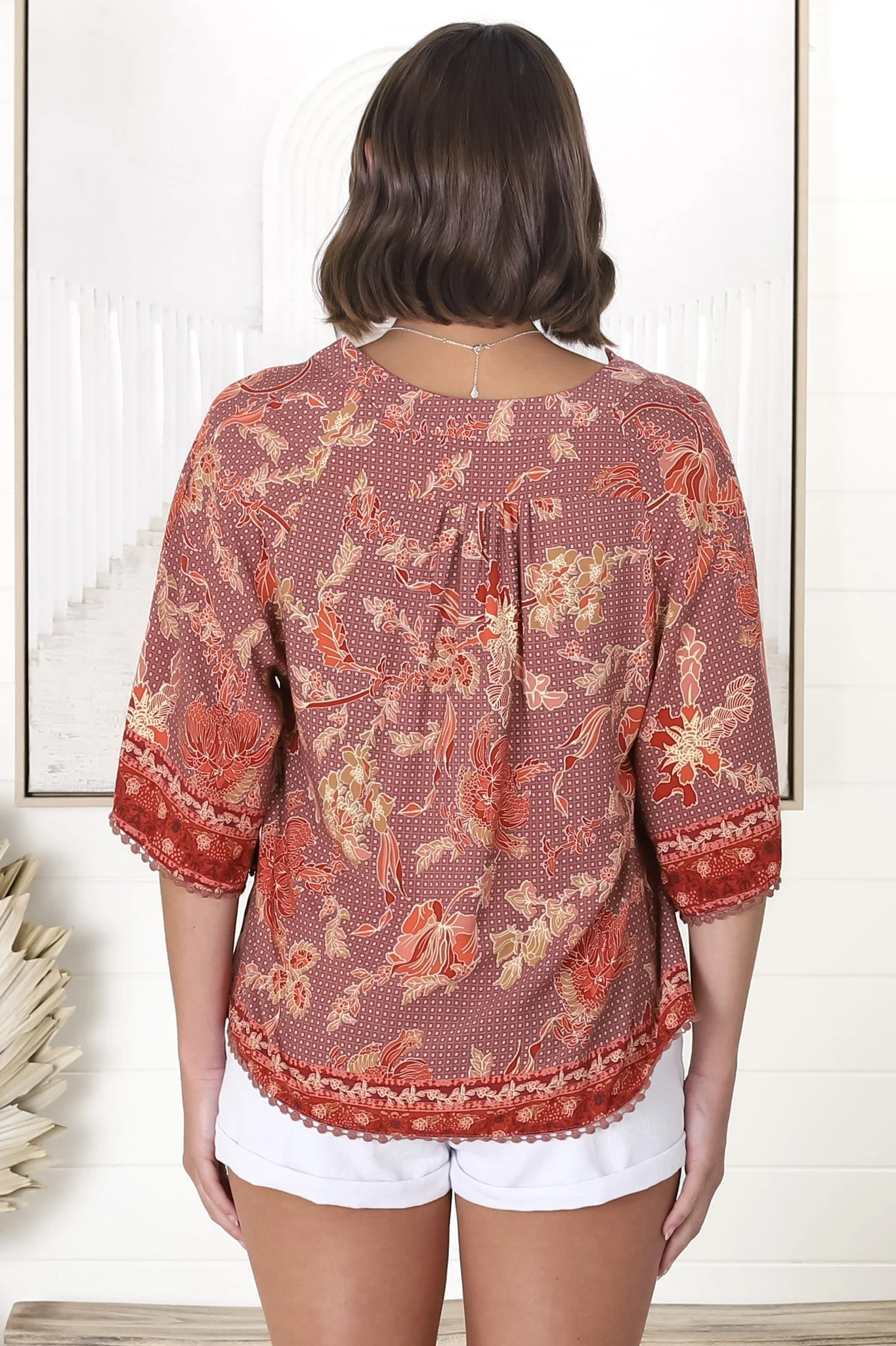 JAASE - Gabriella Top: Mandarin Collar Deep V Neck Crochet Trim Top in Ziggy Print - Image 21