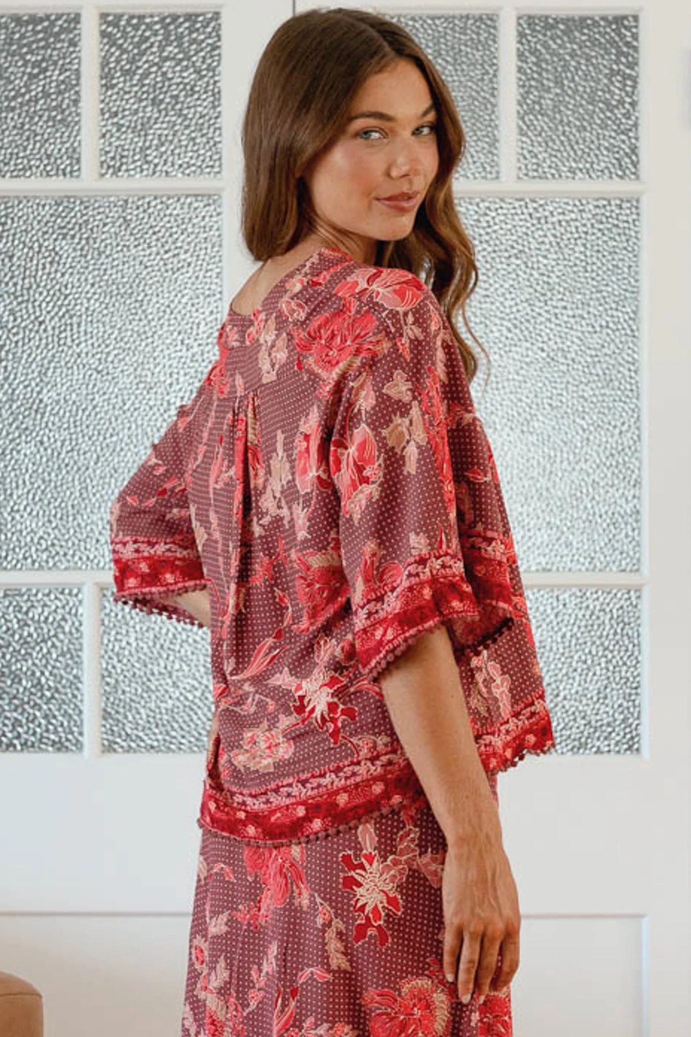 JAASE - Gabriella Top: Mandarin Collar Deep V Neck Crochet Trim Top in Ziggy Print - Image 5