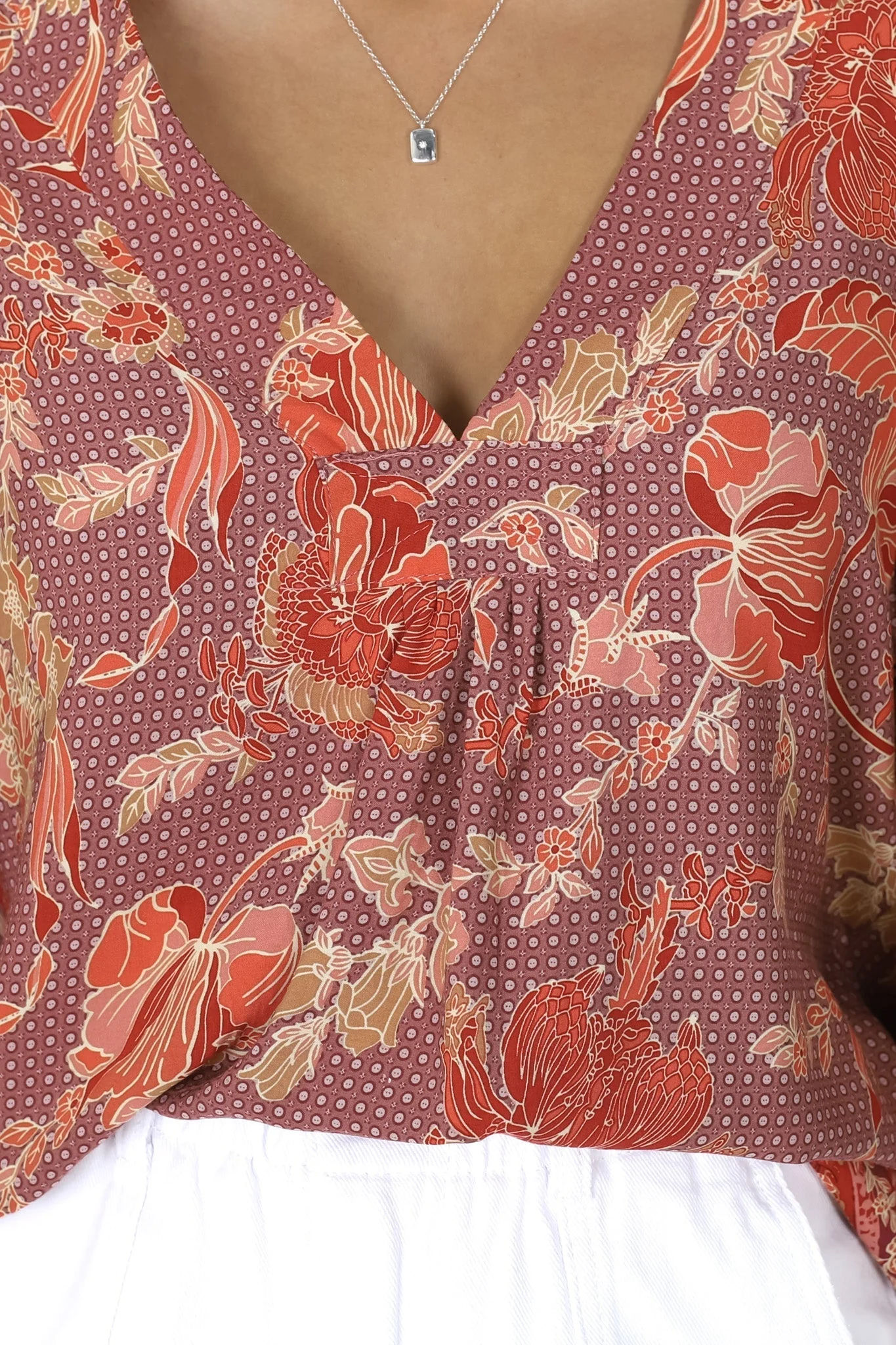 JAASE - Gabriella Top: Mandarin Collar Deep V Neck Crochet Trim Top in Ziggy Print - Image 6
