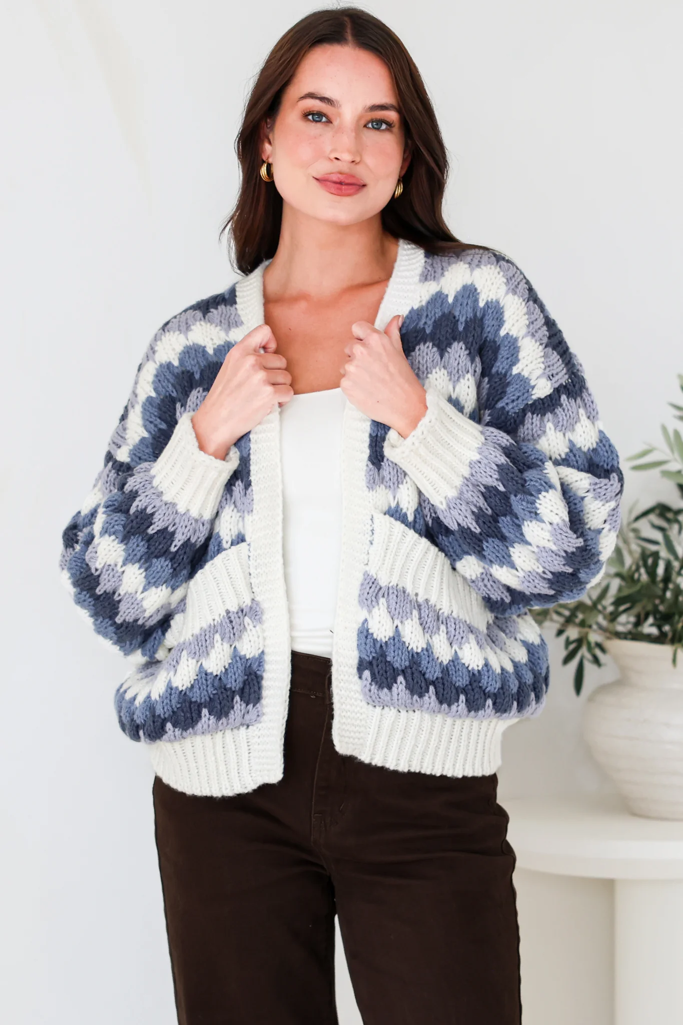 Gianni Cardigan - Open Bubble Knit with Pockets and Rib Knit Trims in Blue - Image 2