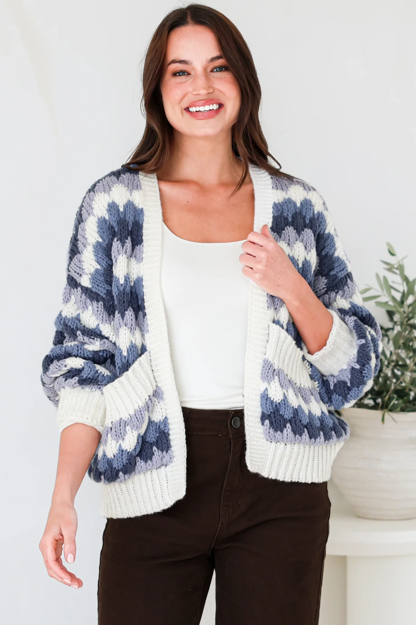 Gianni Cardigan - Open Bubble Knit with Pockets and Rib Knit Trims in Blue - Image 3