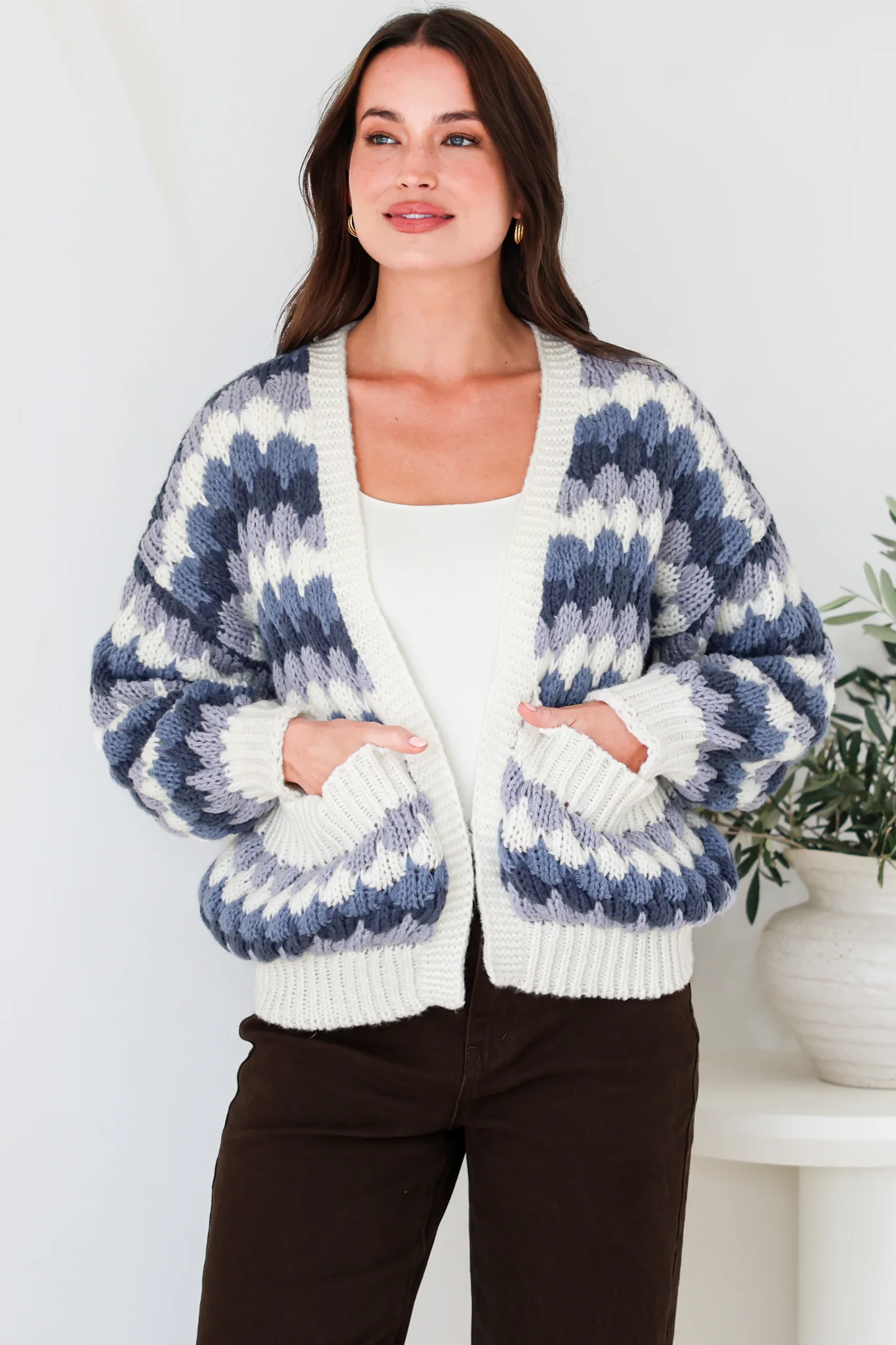 Gianni Cardigan - Open Bubble Knit with Pockets and Rib Knit Trims in Blue - Image 4