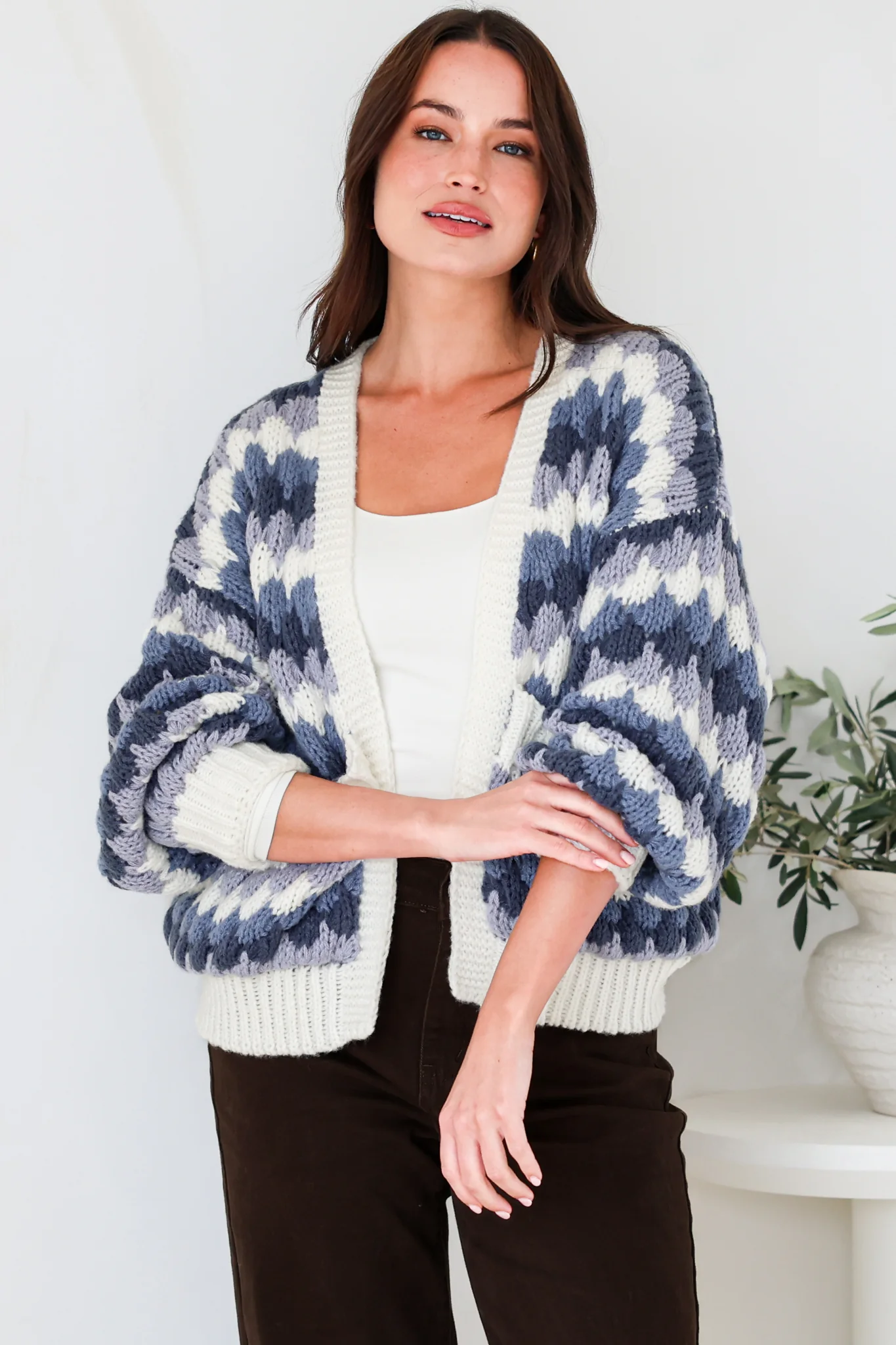 Gianni Cardigan - Open Bubble Knit with Pockets and Rib Knit Trims in Blue - Image 5