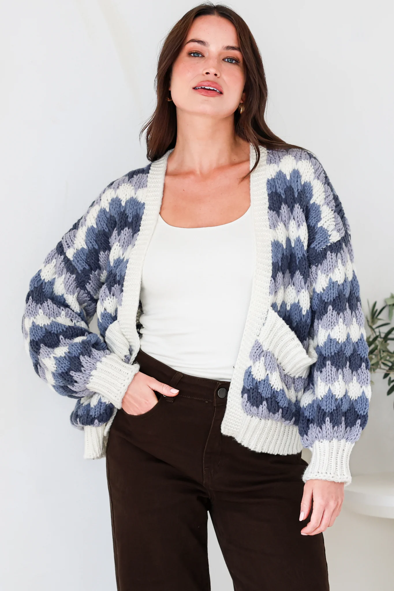 Gianni Cardigan - Open Bubble Knit with Pockets and Rib Knit Trims in Blue - Image 6