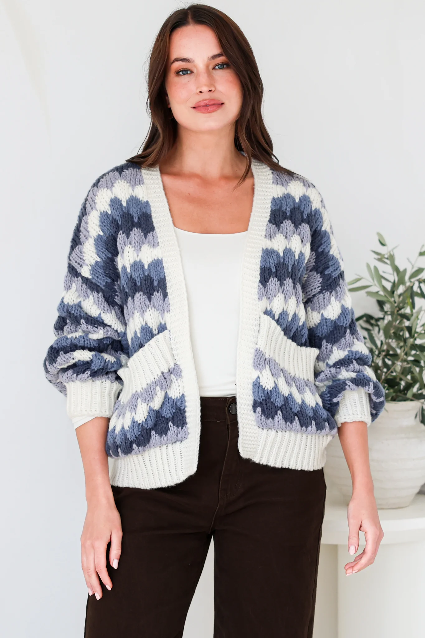 Gianni Cardigan - Open Bubble Knit with Pockets and Rib Knit Trims in Blue - Image 7