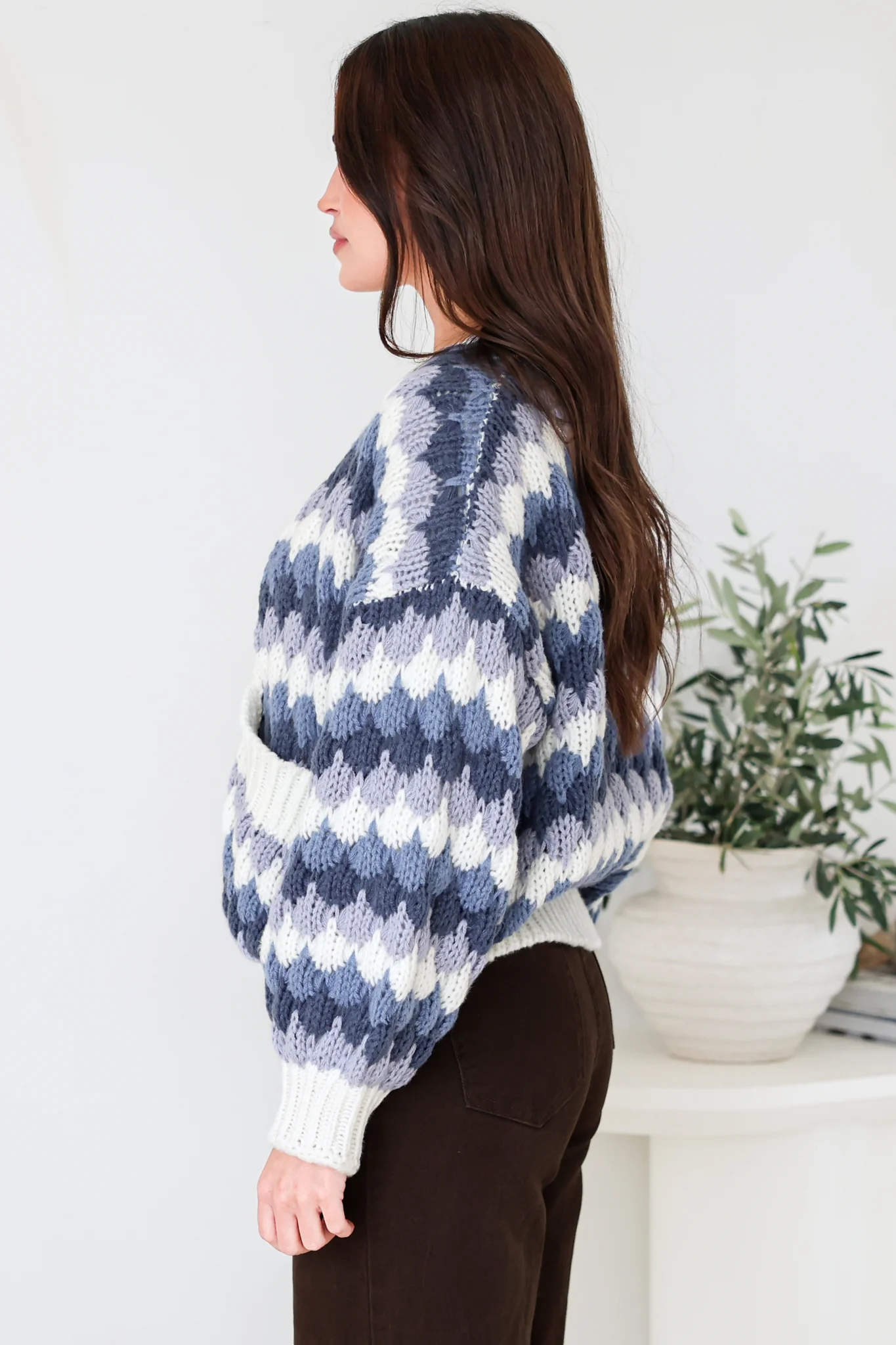 Gianni Cardigan - Open Bubble Knit with Pockets and Rib Knit Trims in Blue - Image 8