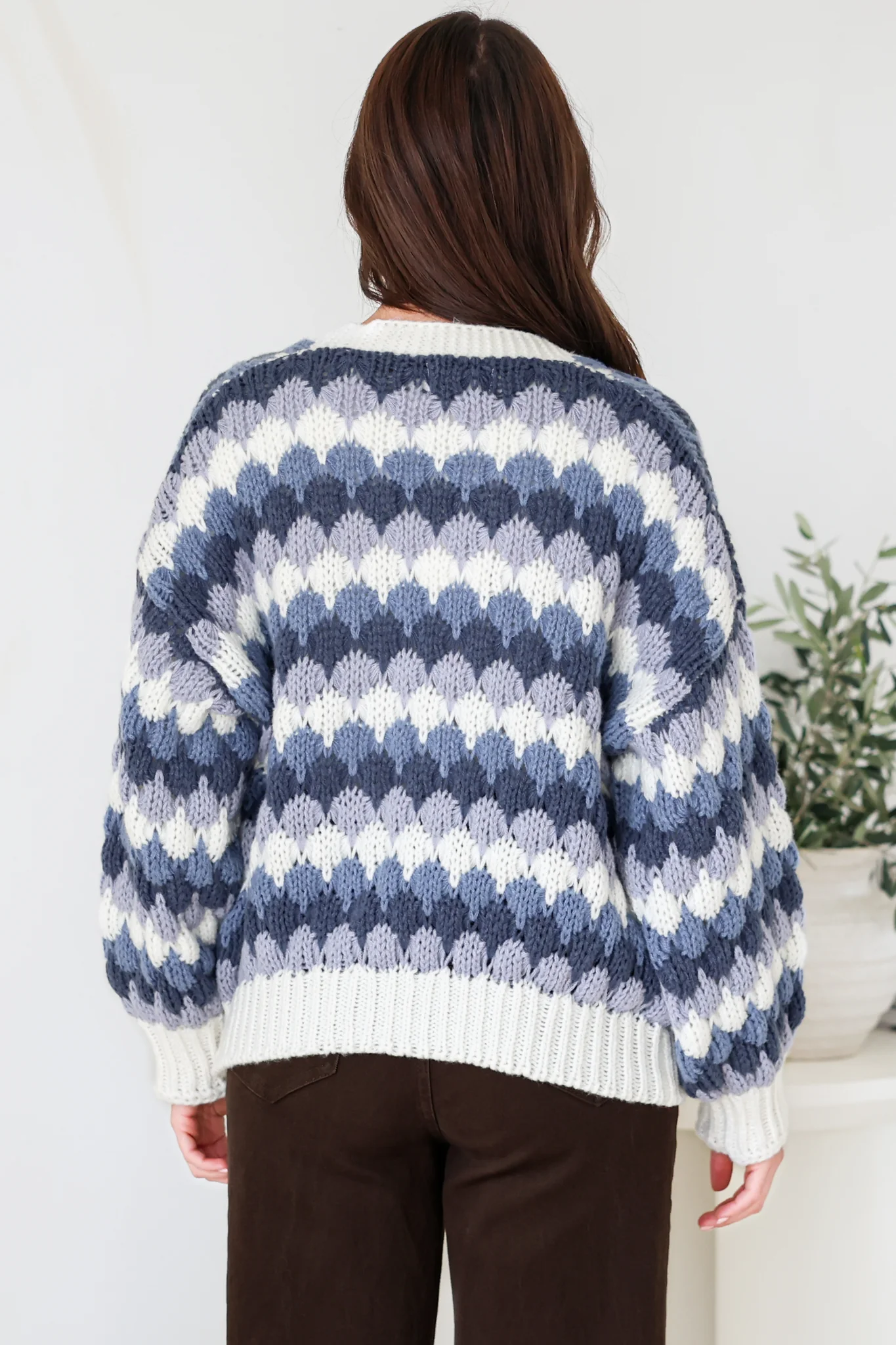 Gianni Cardigan - Open Bubble Knit with Pockets and Rib Knit Trims in Blue - Image 9