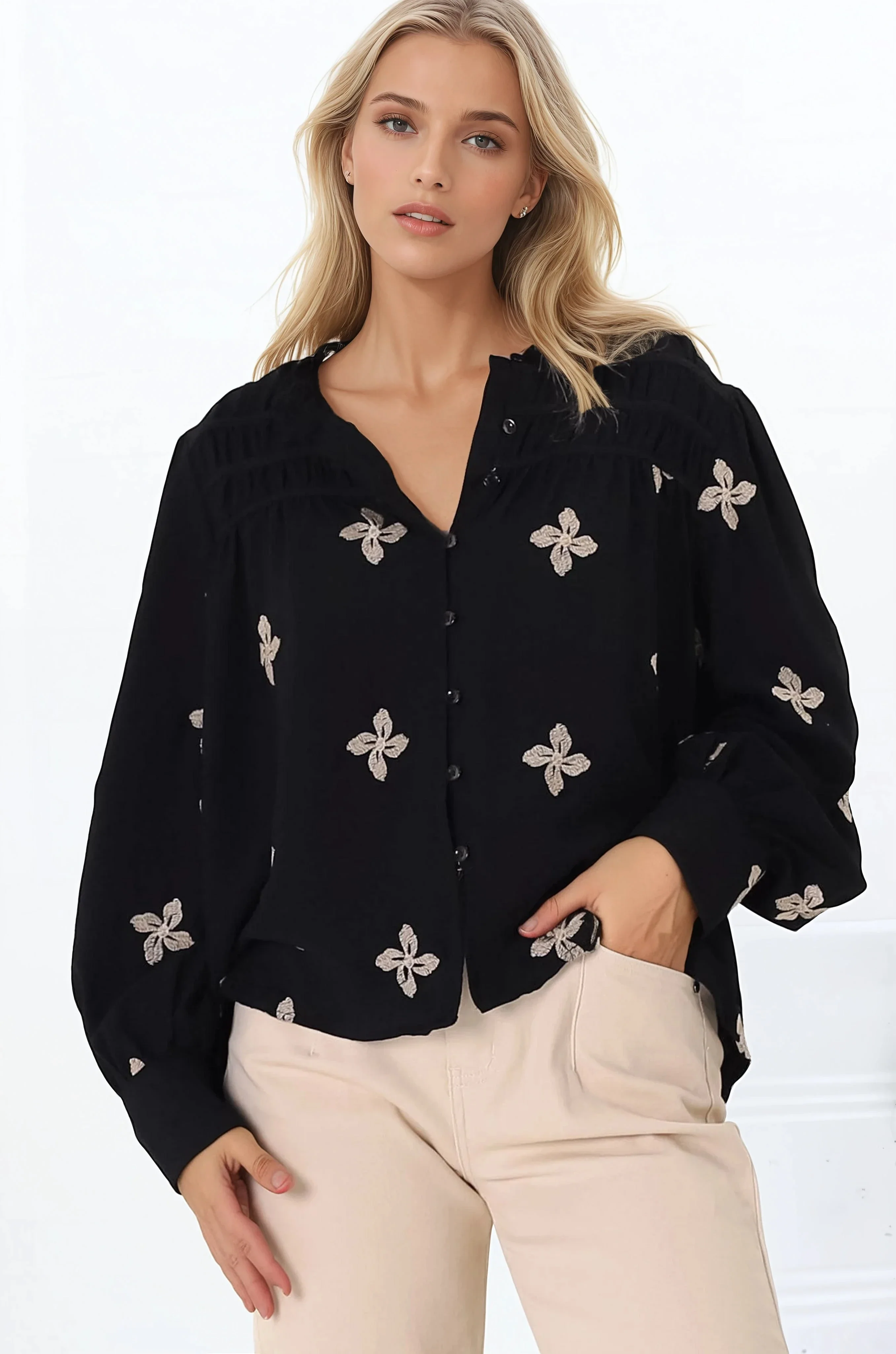 Gigi Blouse - Floral Embroidery Frill Collar Button Down Blouse in Black - Image 3