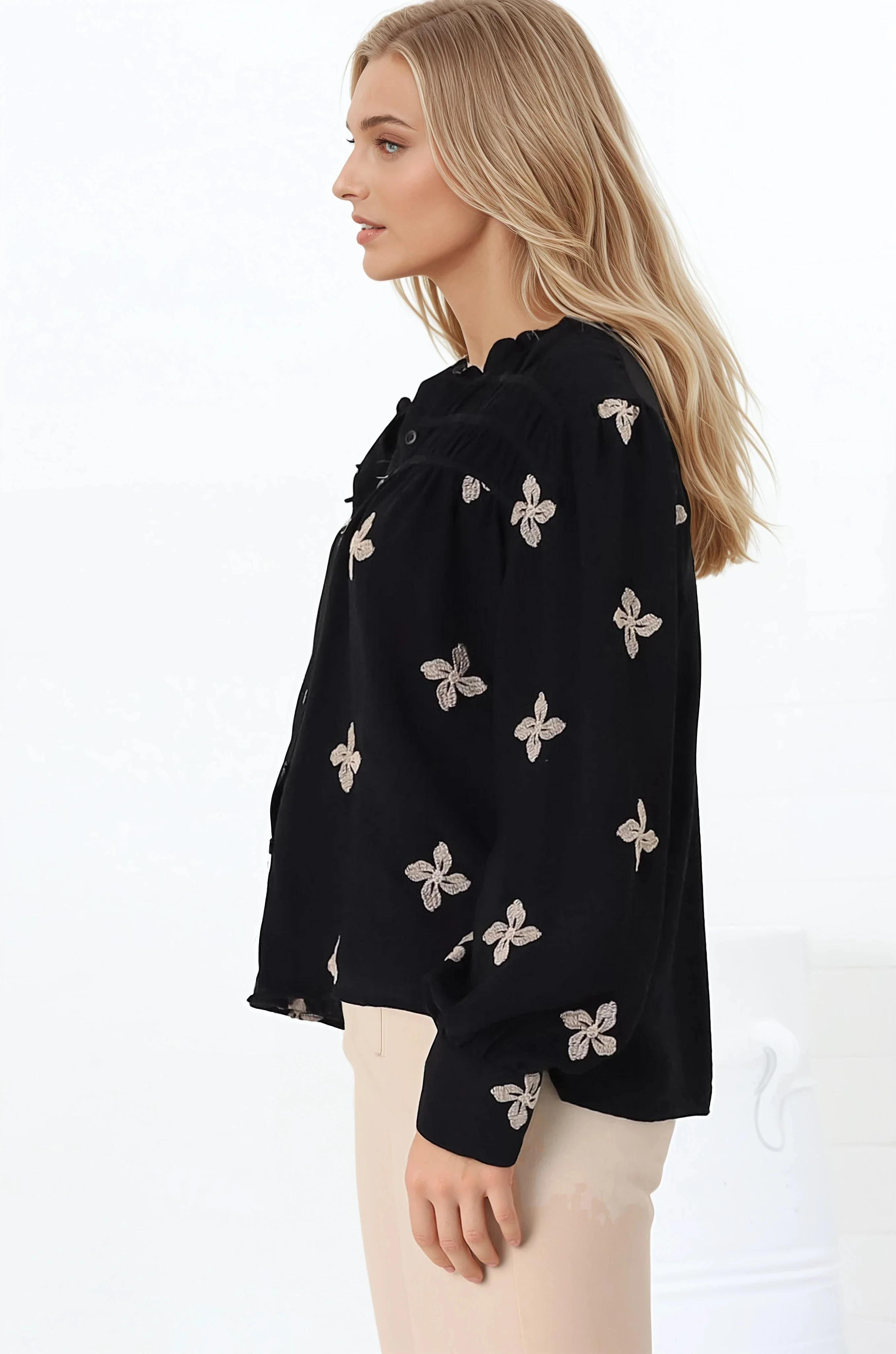 Gigi Blouse - Floral Embroidery Frill Collar Button Down Blouse in Black - Image 5