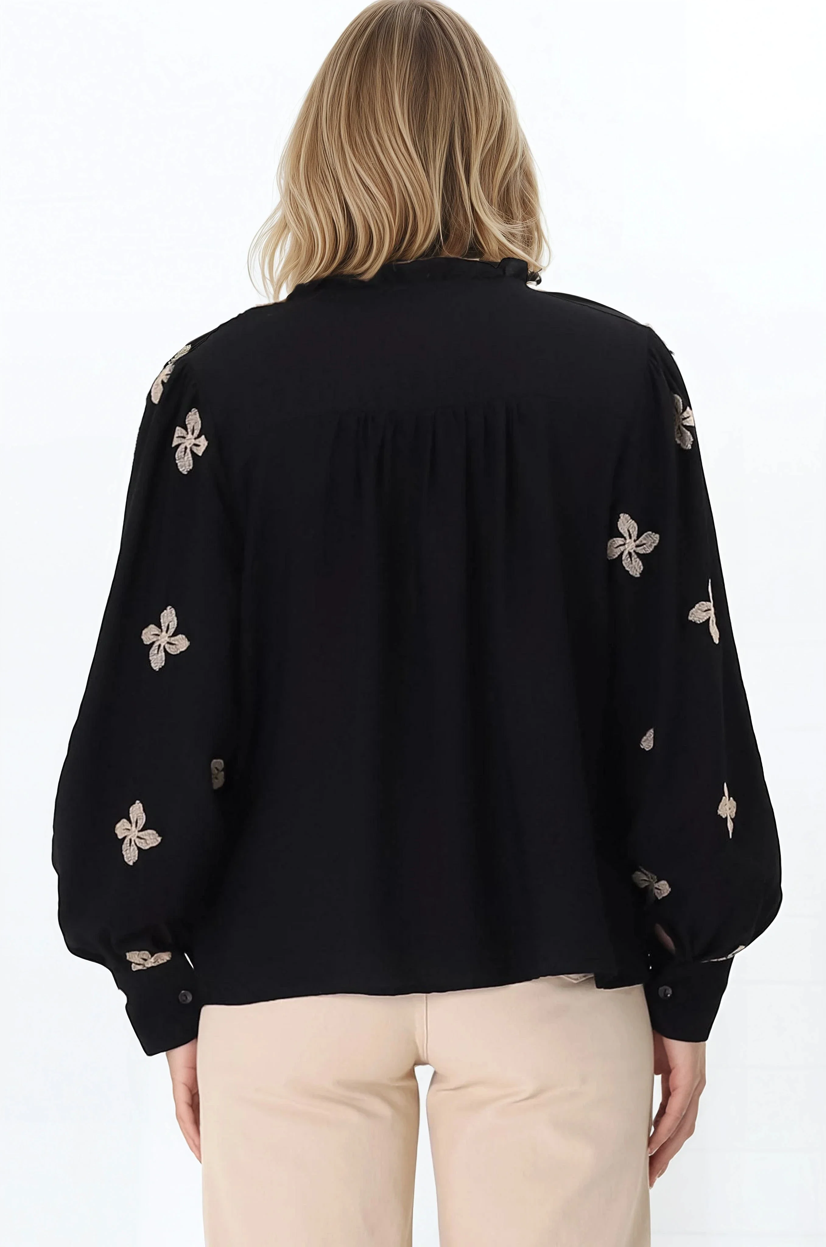 Gigi Blouse - Floral Embroidery Frill Collar Button Down Blouse in Black - Image 6