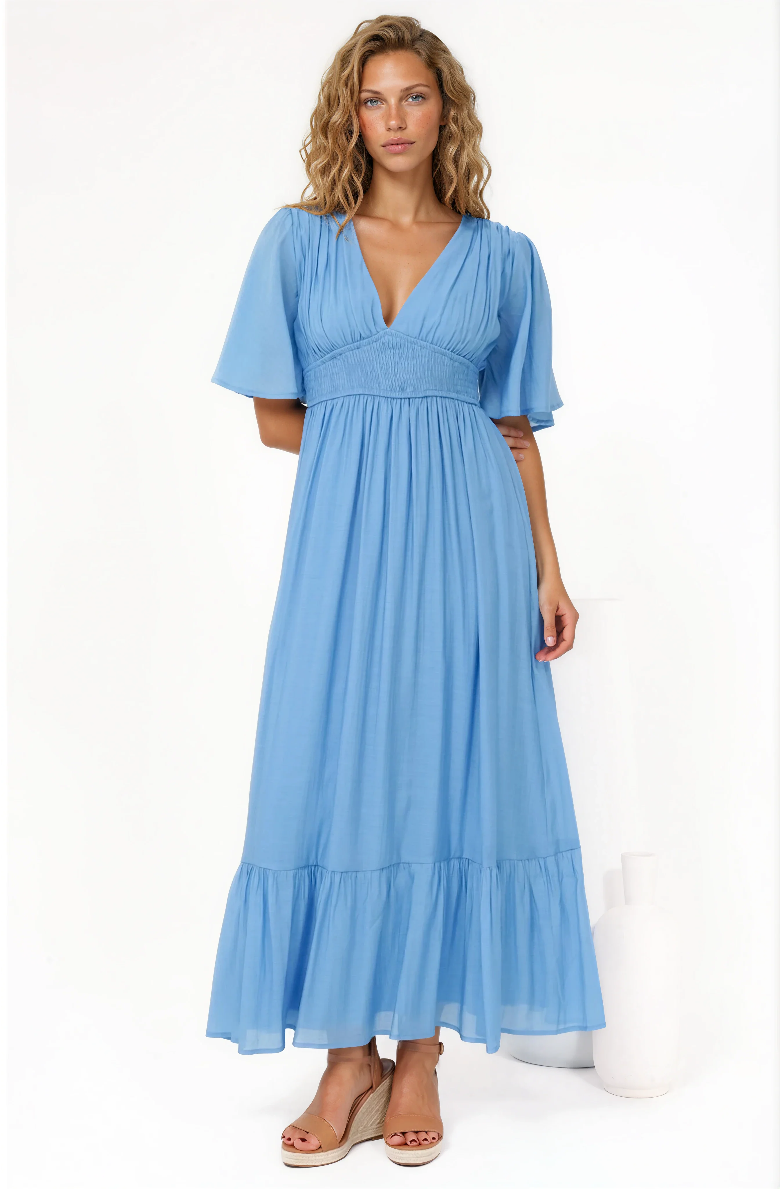 Glades Maxi Dress - V Neck Shirred Waist A Line Dress in Blue - Image 2