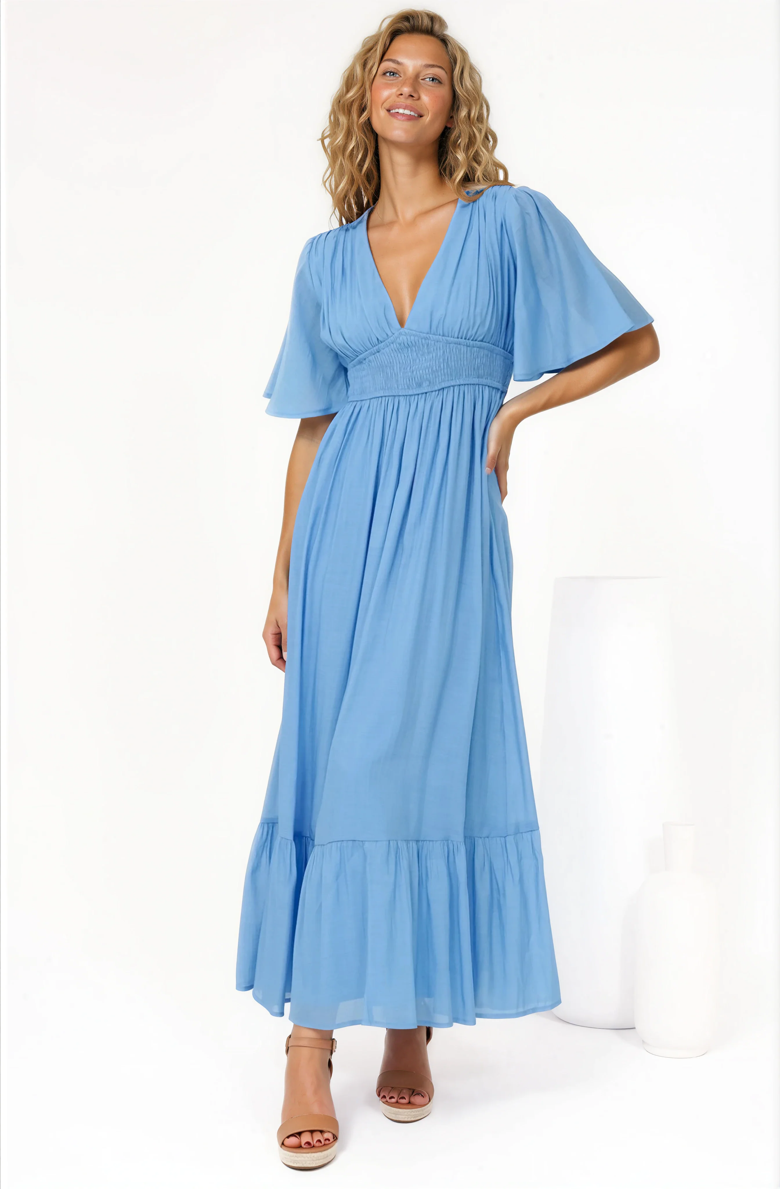 Glades Maxi Dress - V Neck Shirred Waist A Line Dress in Blue - Image 3