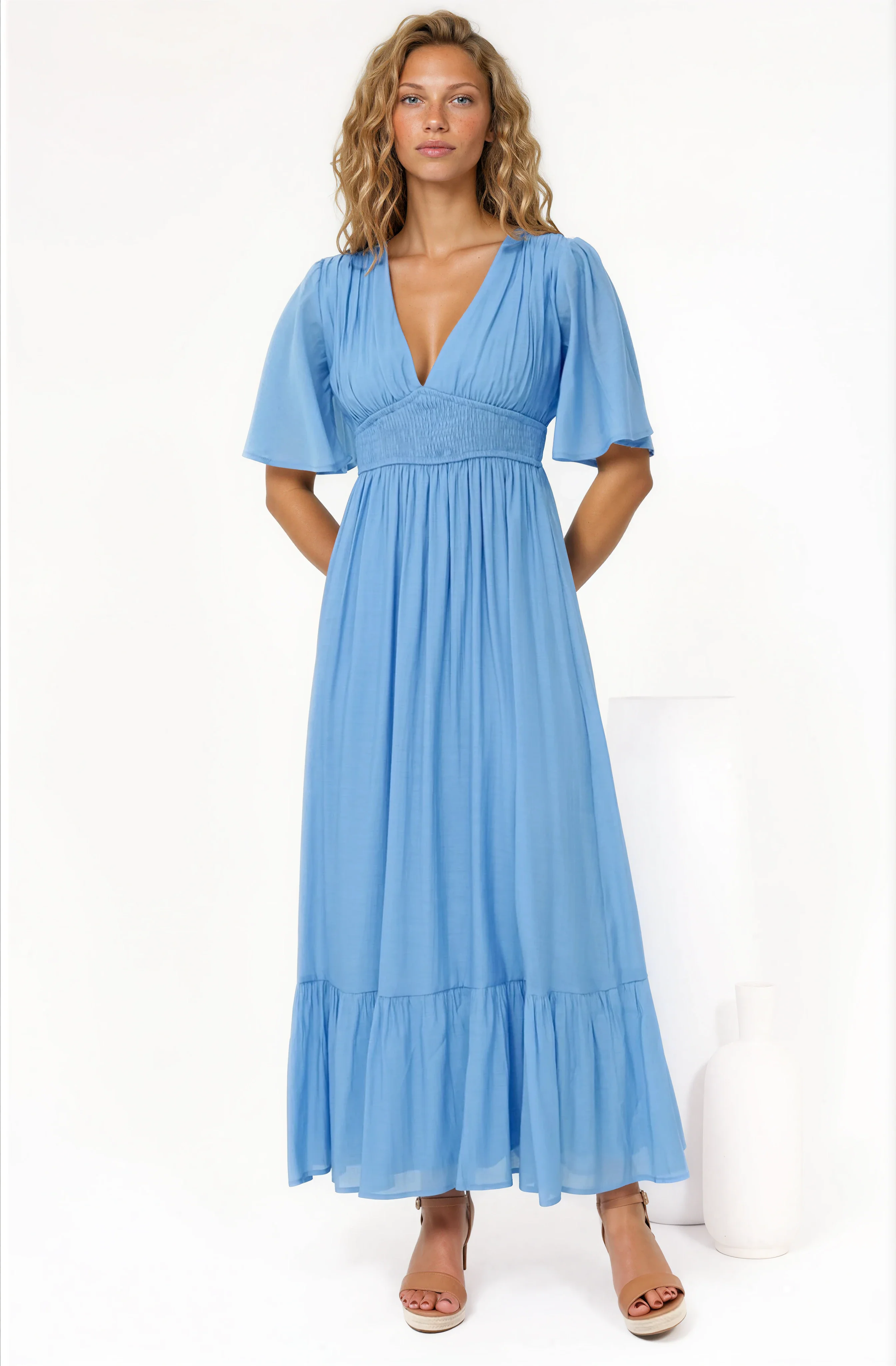 Glades Maxi Dress - V Neck Shirred Waist A Line Dress in Blue - Image 6