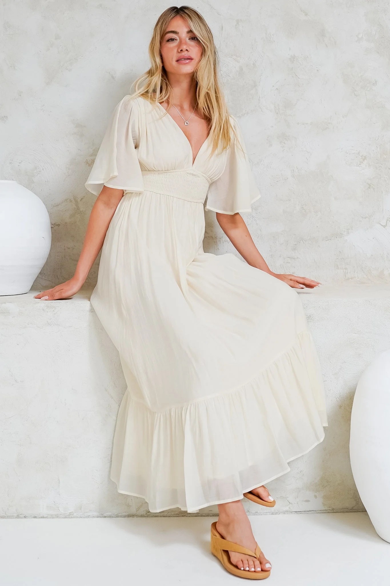 Glades Maxi Dress - V Neck Shirred Waist A Line Dress in Cream - Image 2