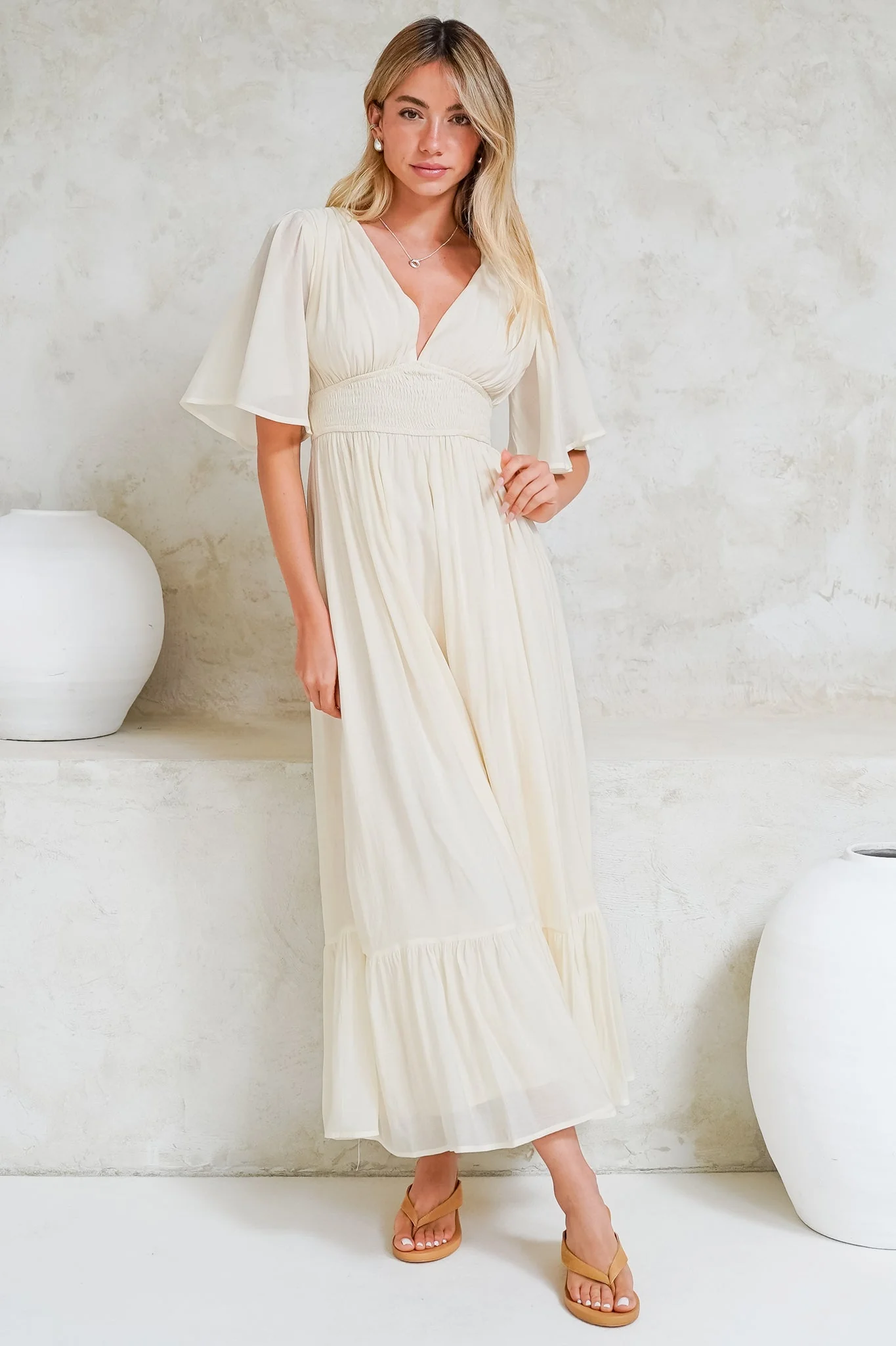 Glades Maxi Dress - V Neck Shirred Waist A Line Dress in Cream - Image 3