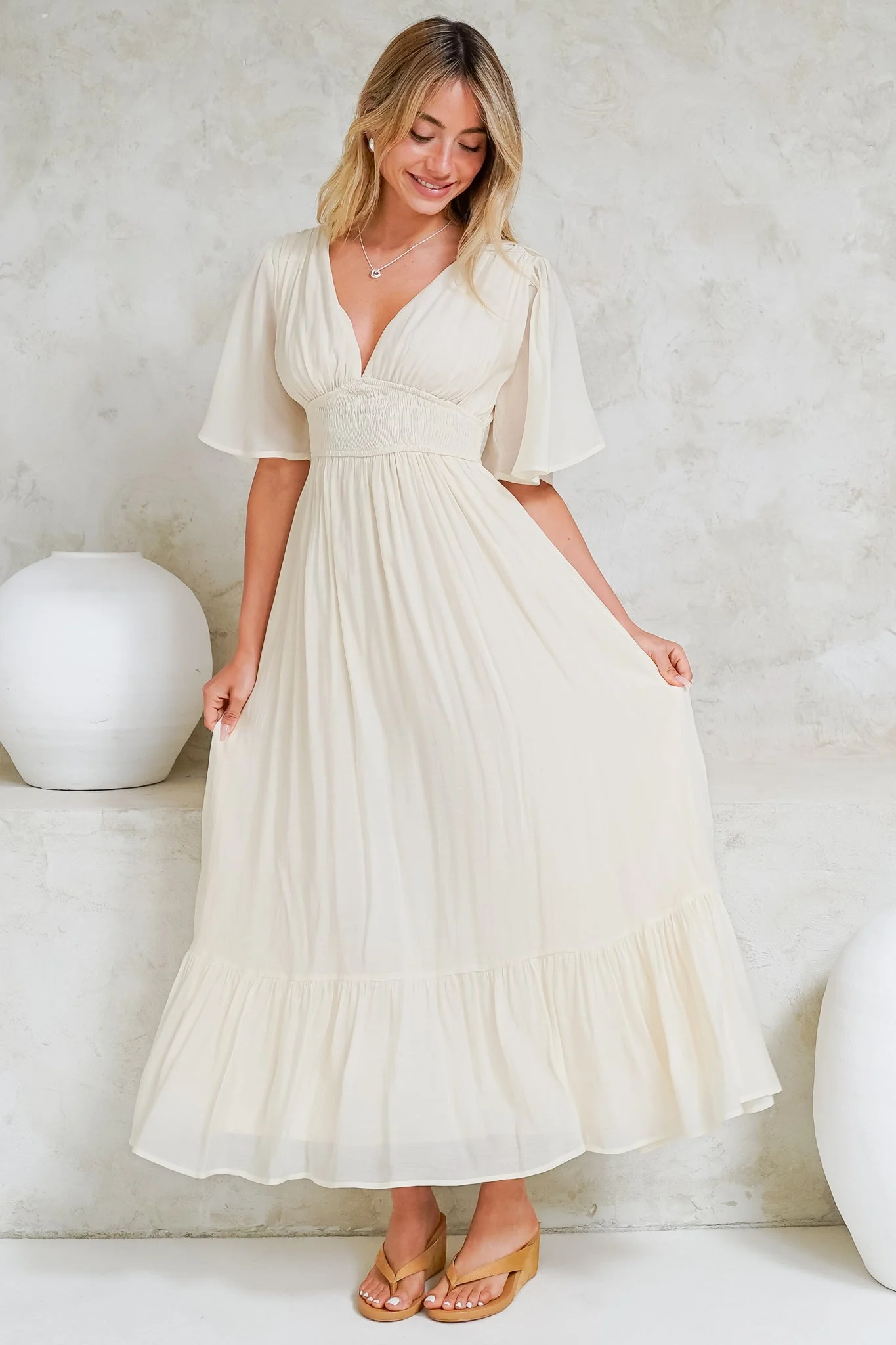 Glades Maxi Dress - V Neck Shirred Waist A Line Dress in Cream - Image 4