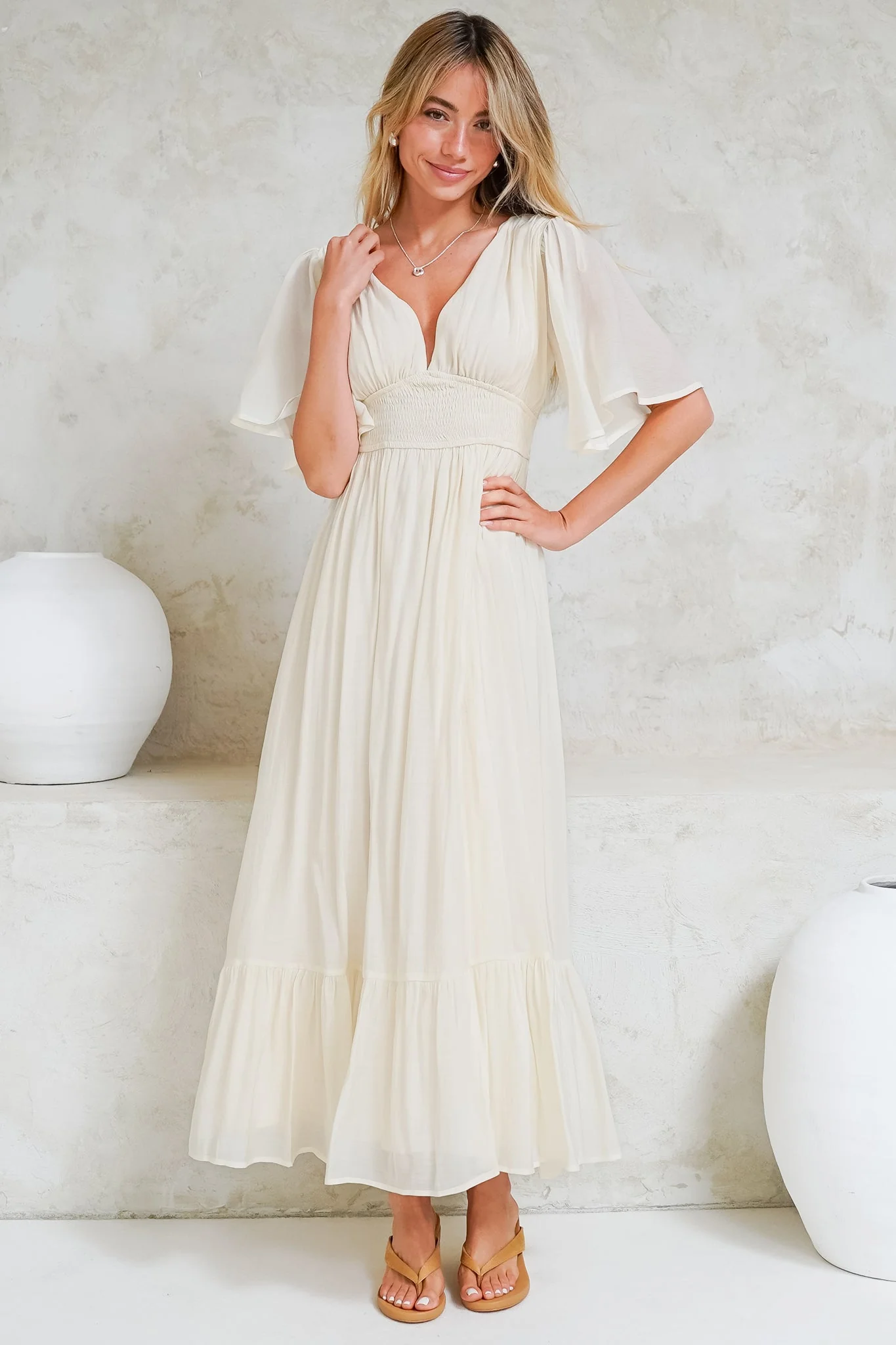 Glades Maxi Dress - V Neck Shirred Waist A Line Dress in Cream - Image 5