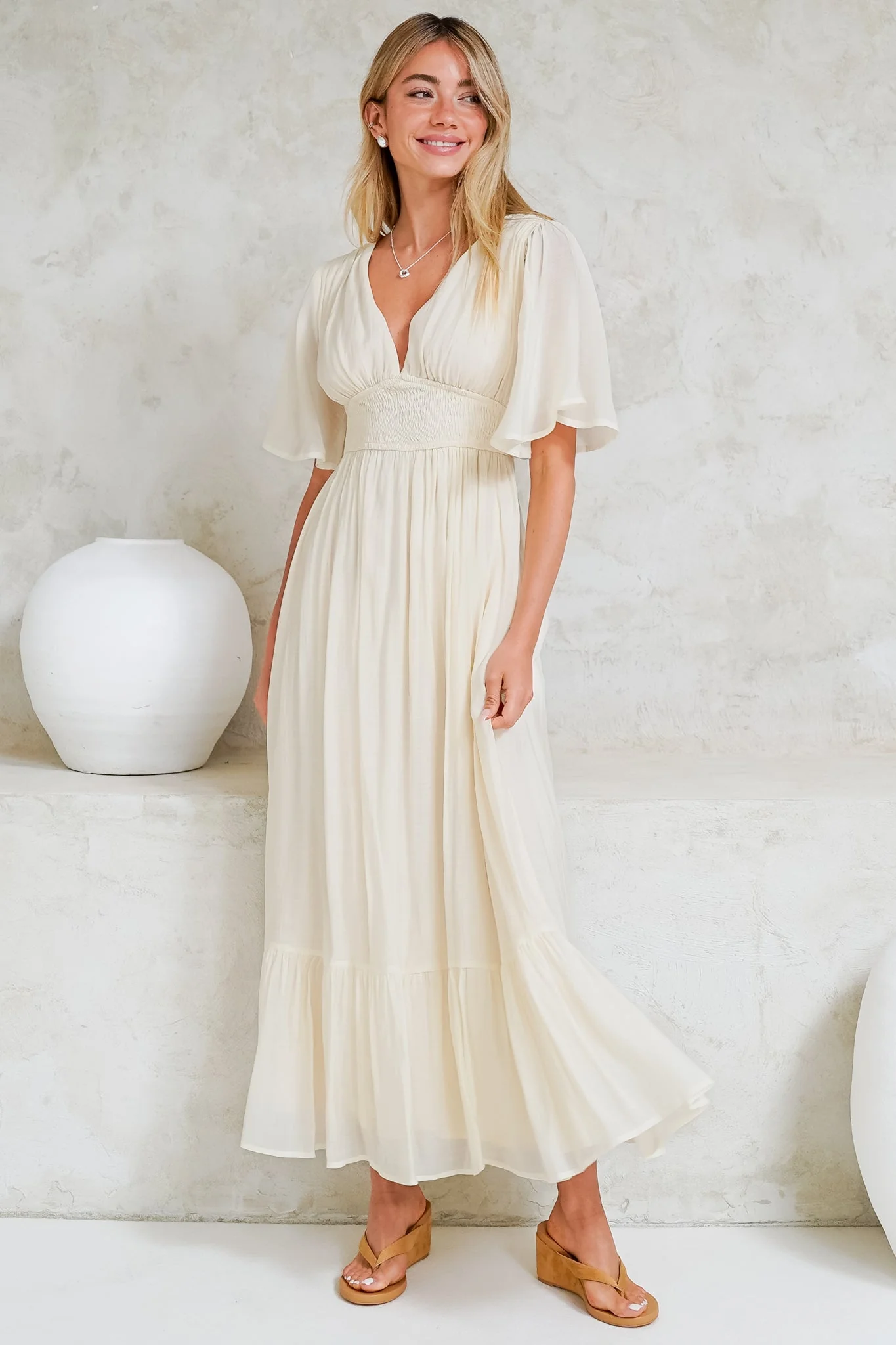 Glades Maxi Dress - V Neck Shirred Waist A Line Dress in Cream - Image 6