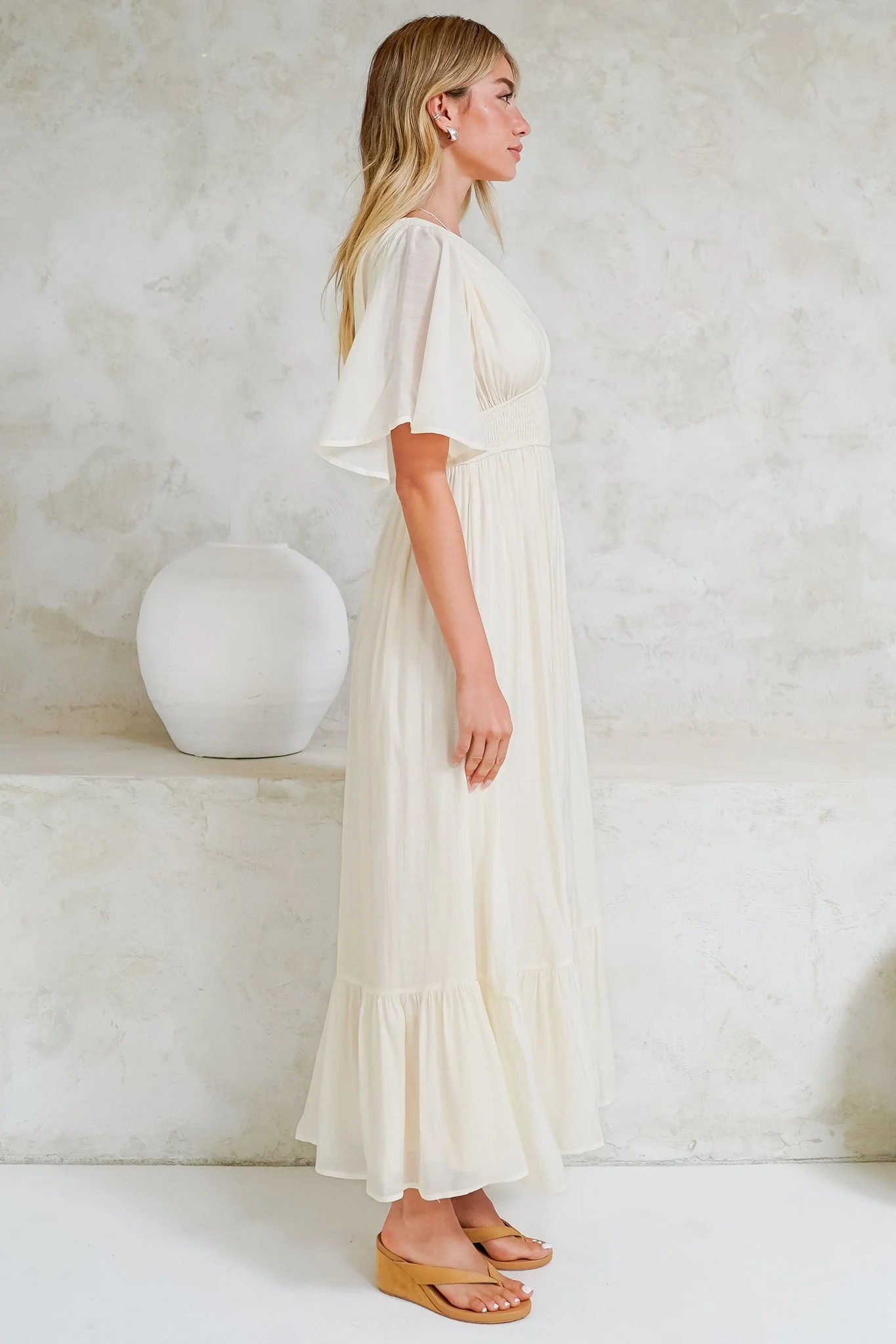 Glades Maxi Dress - V Neck Shirred Waist A Line Dress in Cream - Image 7