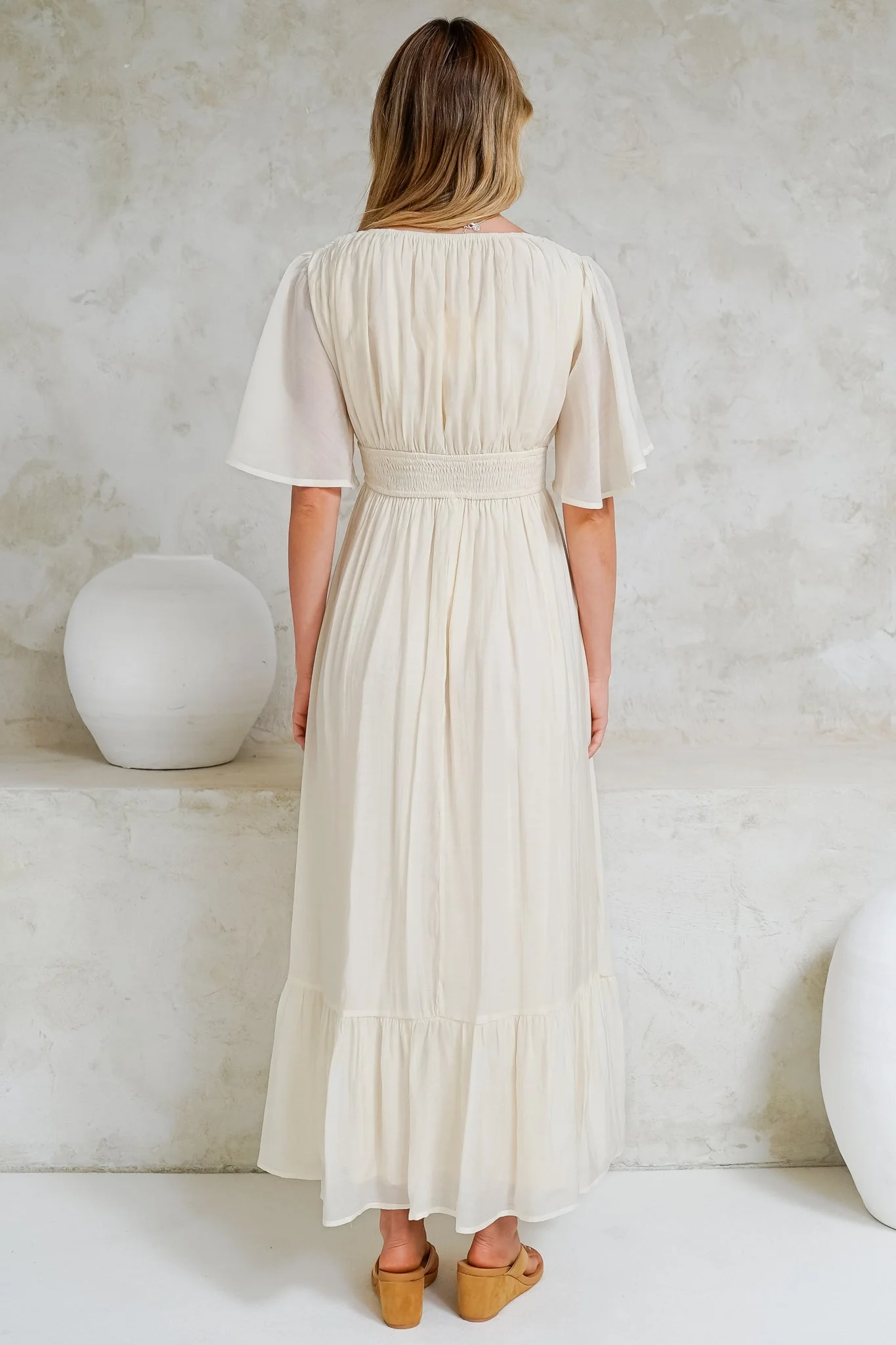 Glades Maxi Dress - V Neck Shirred Waist A Line Dress in Cream - Image 8