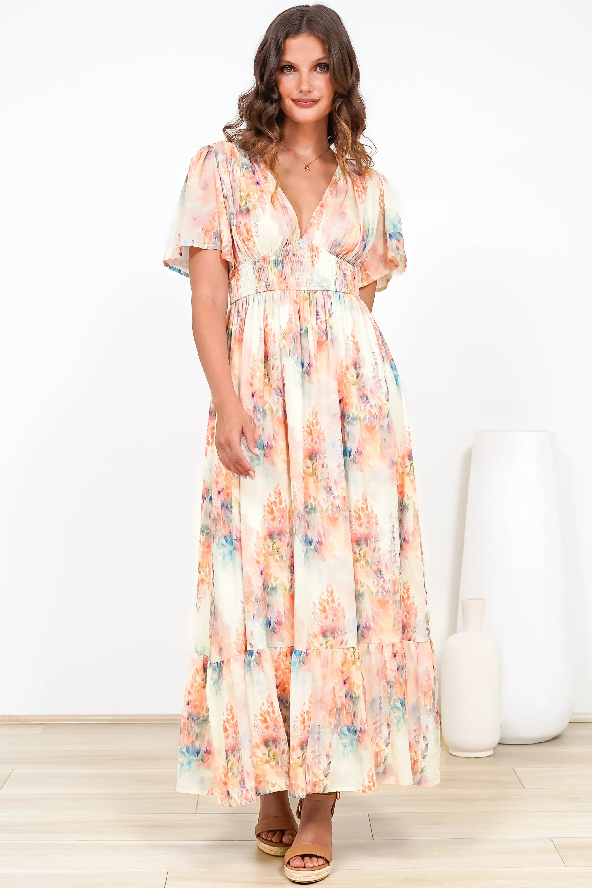 Glades Maxi Dress - V Neck Shirred Waist A Line Dress in Helena Print - Image 3