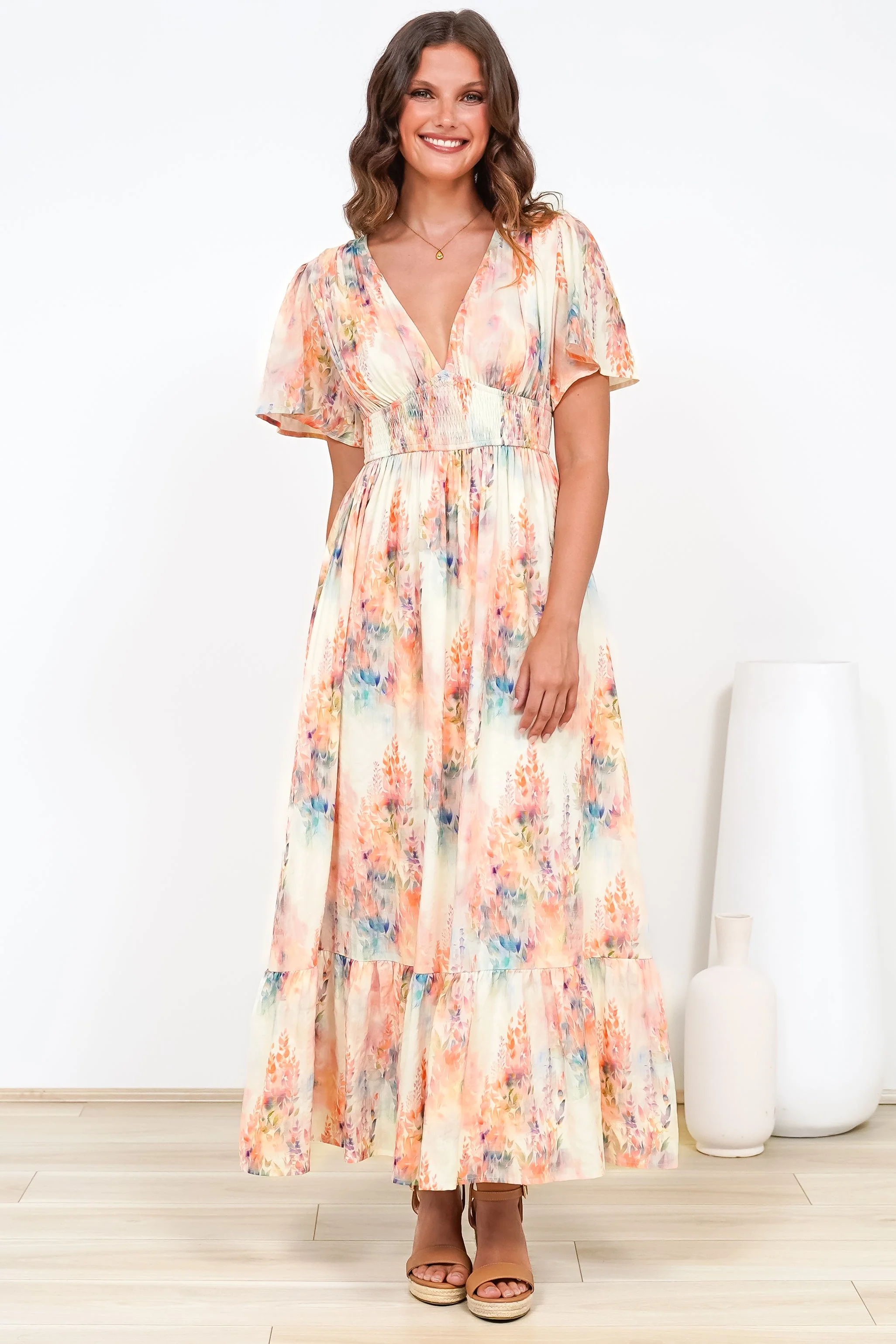 Glades Maxi Dress - V Neck Shirred Waist A Line Dress in Helena Print - Image 4