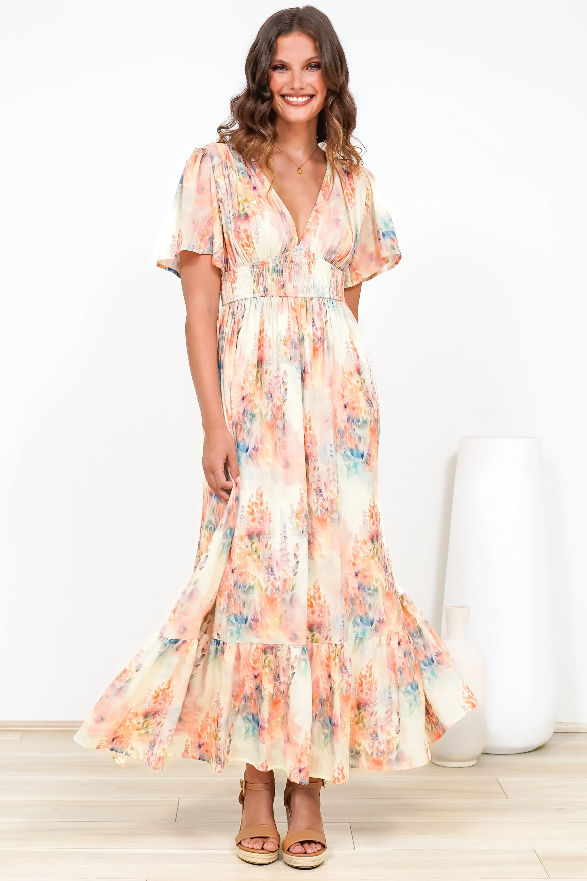 Glades Maxi Dress - V Neck Shirred Waist A Line Dress in Helena Print - Image 5