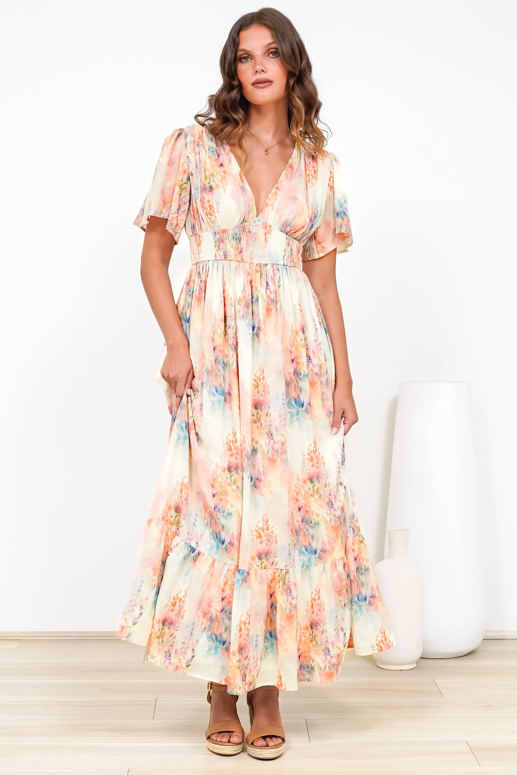 Glades Maxi Dress - V Neck Shirred Waist A Line Dress in Helena Print - Image 6