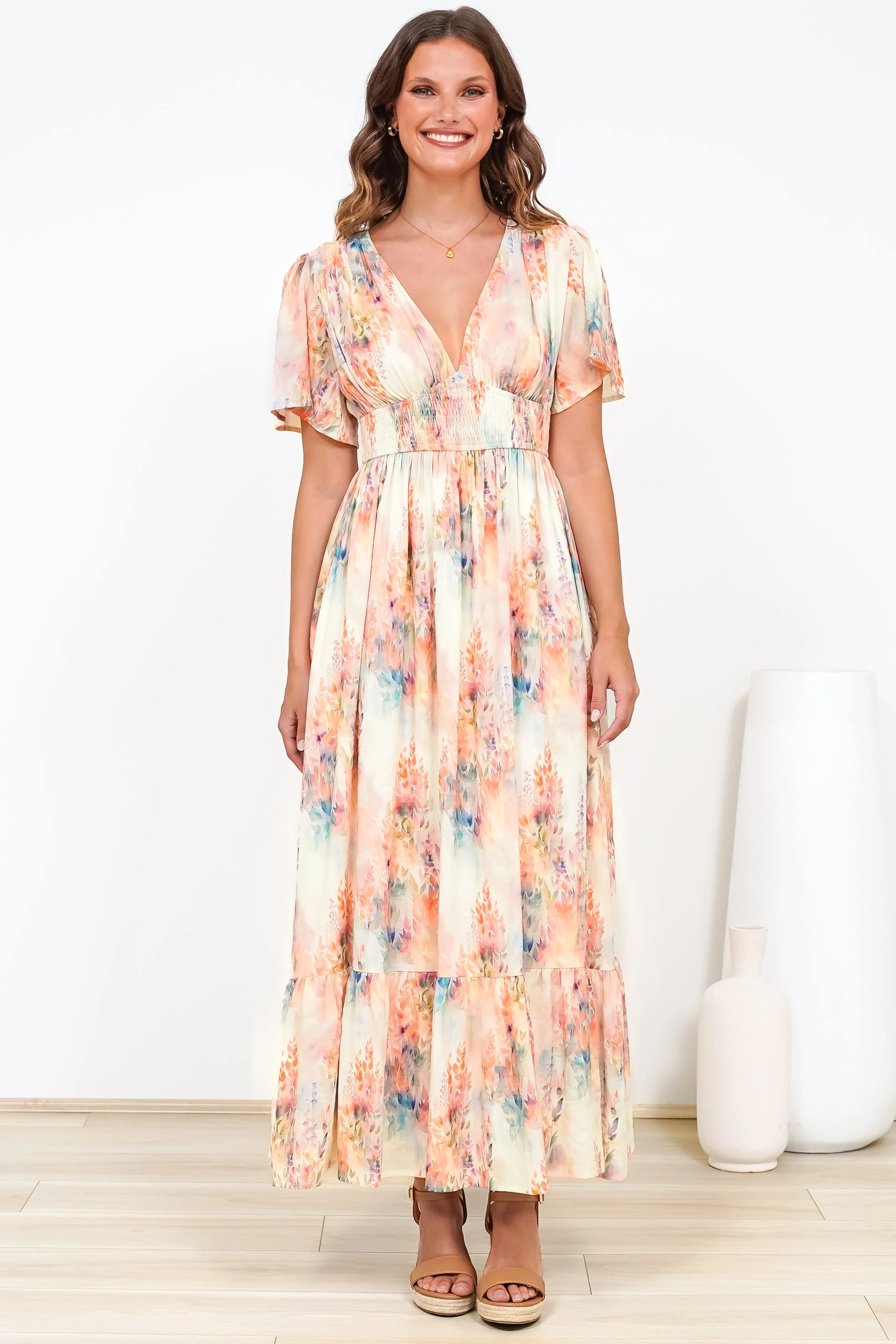 Glades Maxi Dress - V Neck Shirred Waist A Line Dress in Helena Print - Image 7