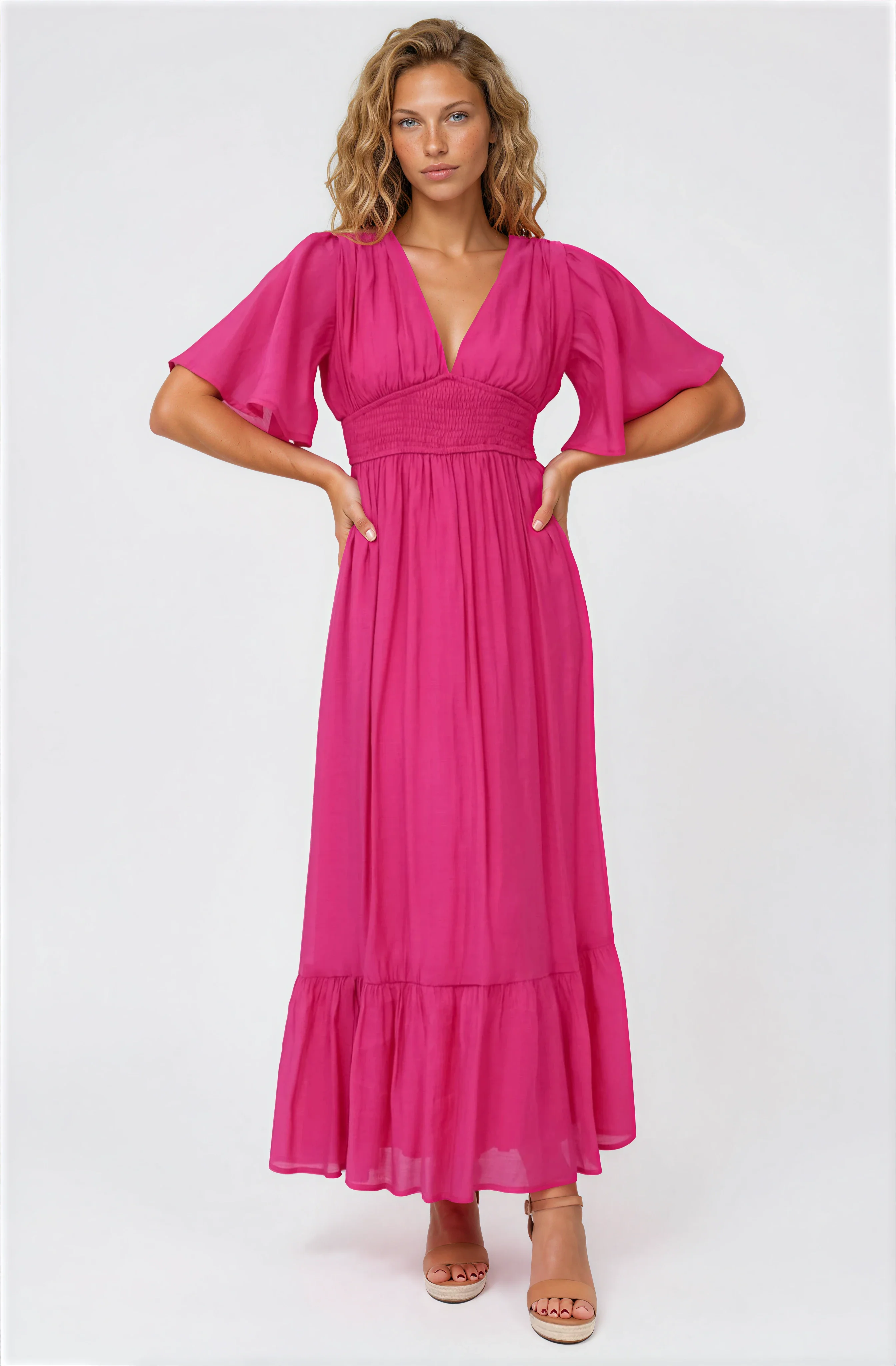 Glades Maxi Dress - V Neck Shirred Waist A Line Dress in Hot Pink