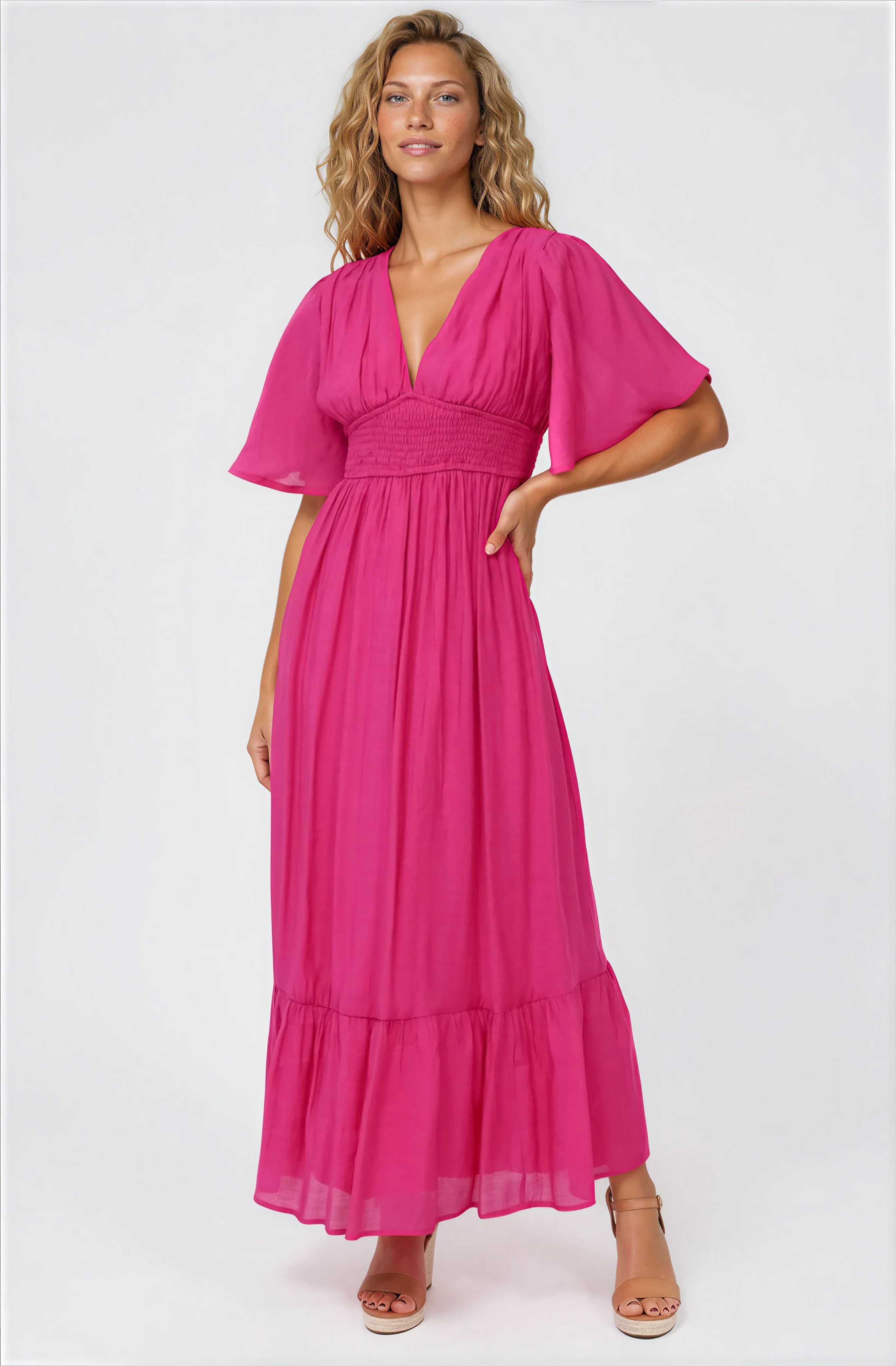 Glades Maxi Dress - V Neck Shirred Waist A Line Dress in Hot Pink - Image 2