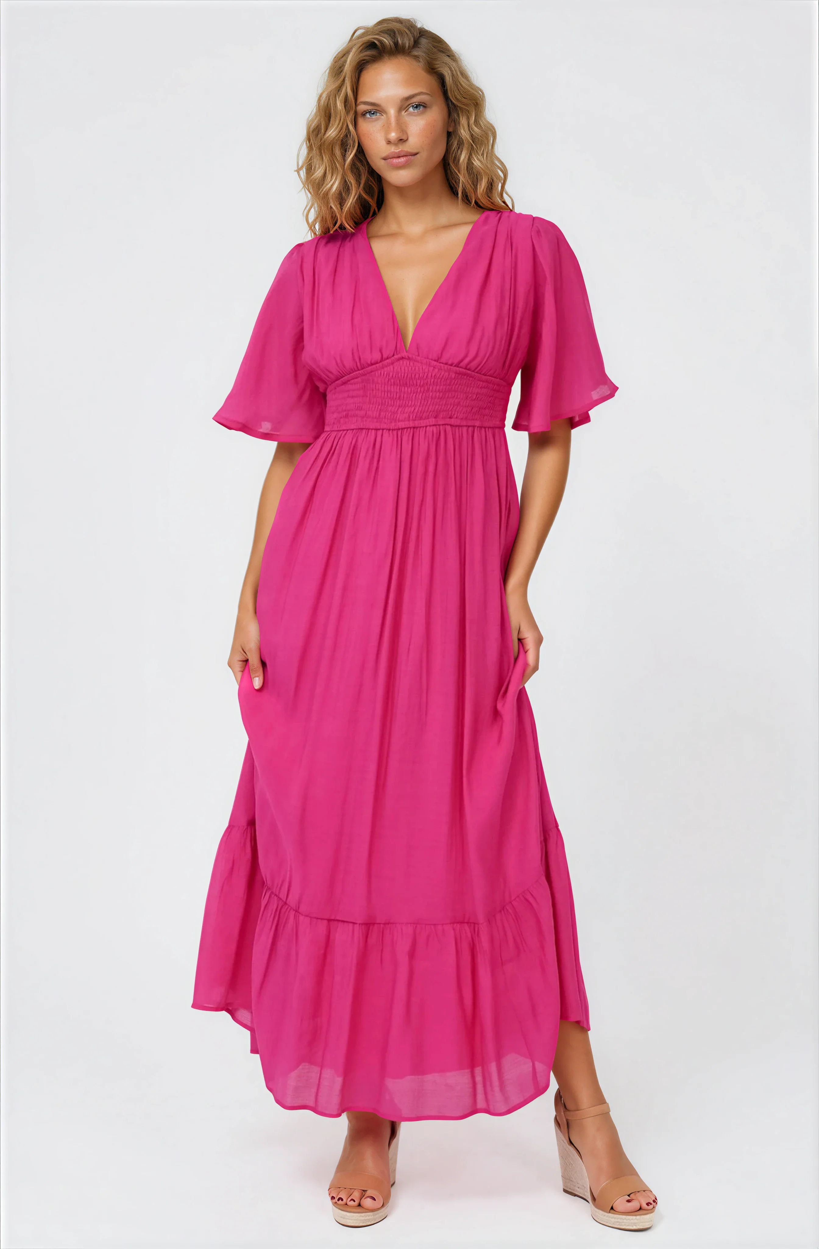 Glades Maxi Dress - V Neck Shirred Waist A Line Dress in Hot Pink - Image 3