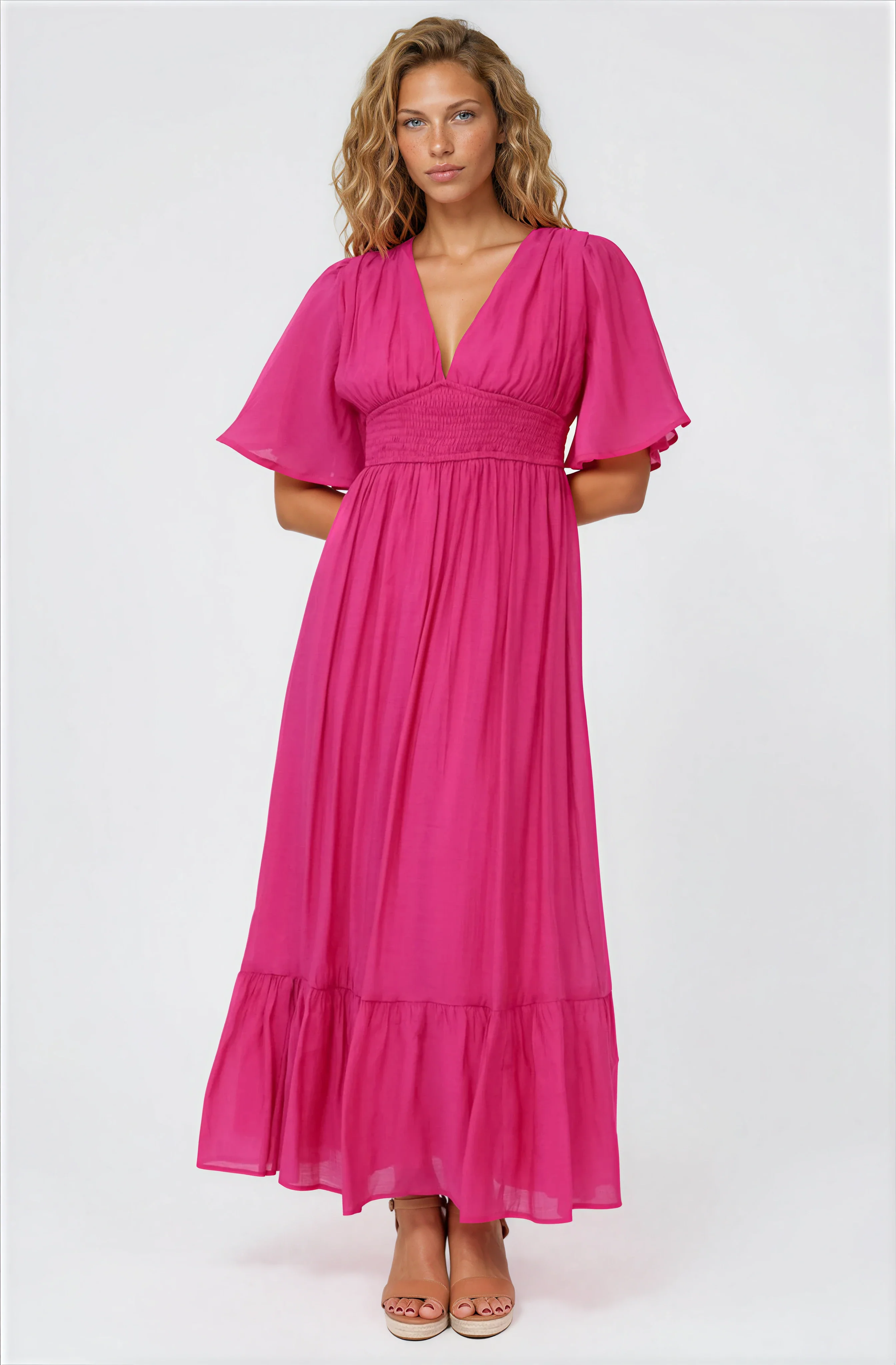 Glades Maxi Dress - V Neck Shirred Waist A Line Dress in Hot Pink - Image 4