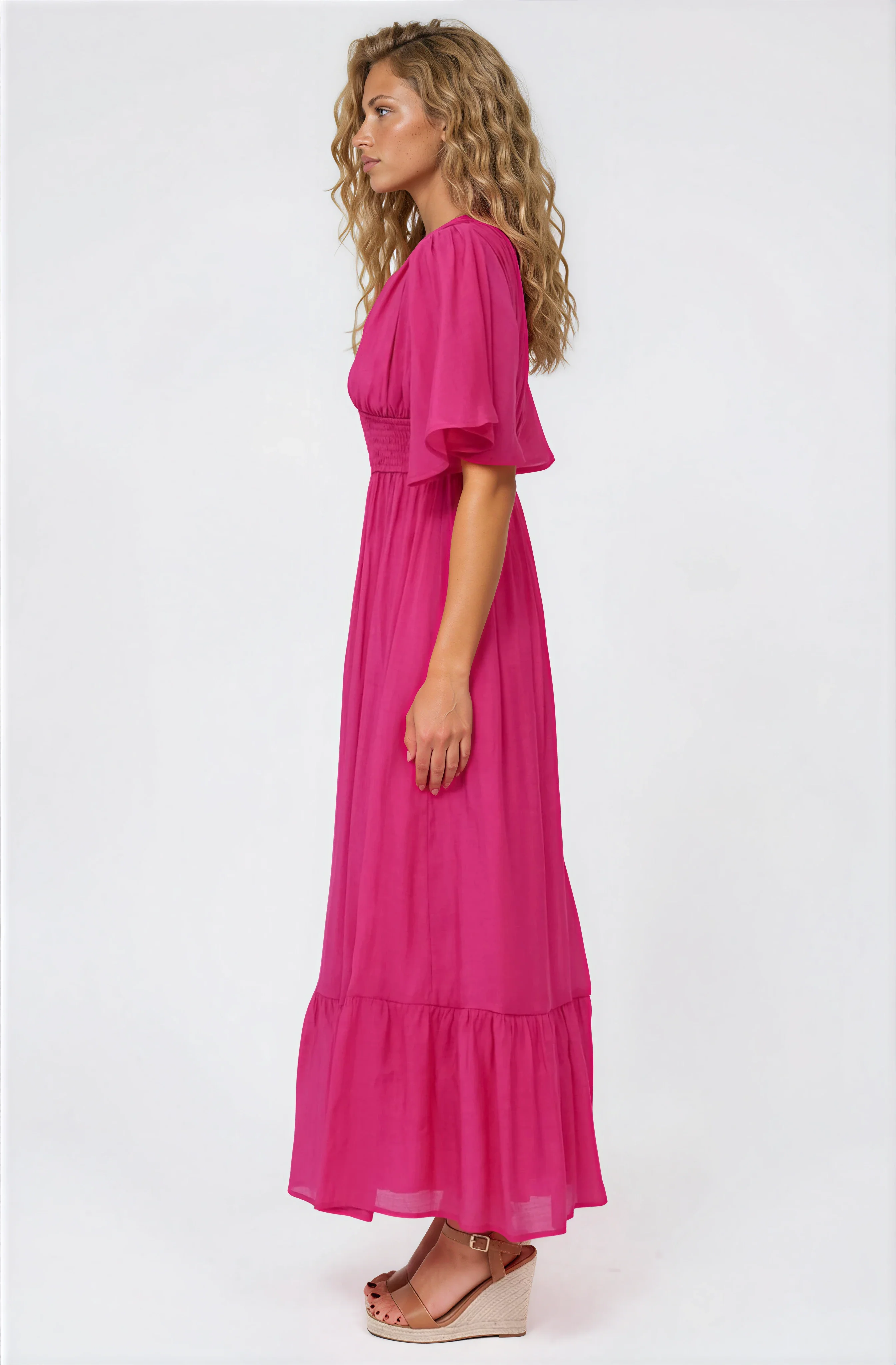 Glades Maxi Dress - V Neck Shirred Waist A Line Dress in Hot Pink - Image 5