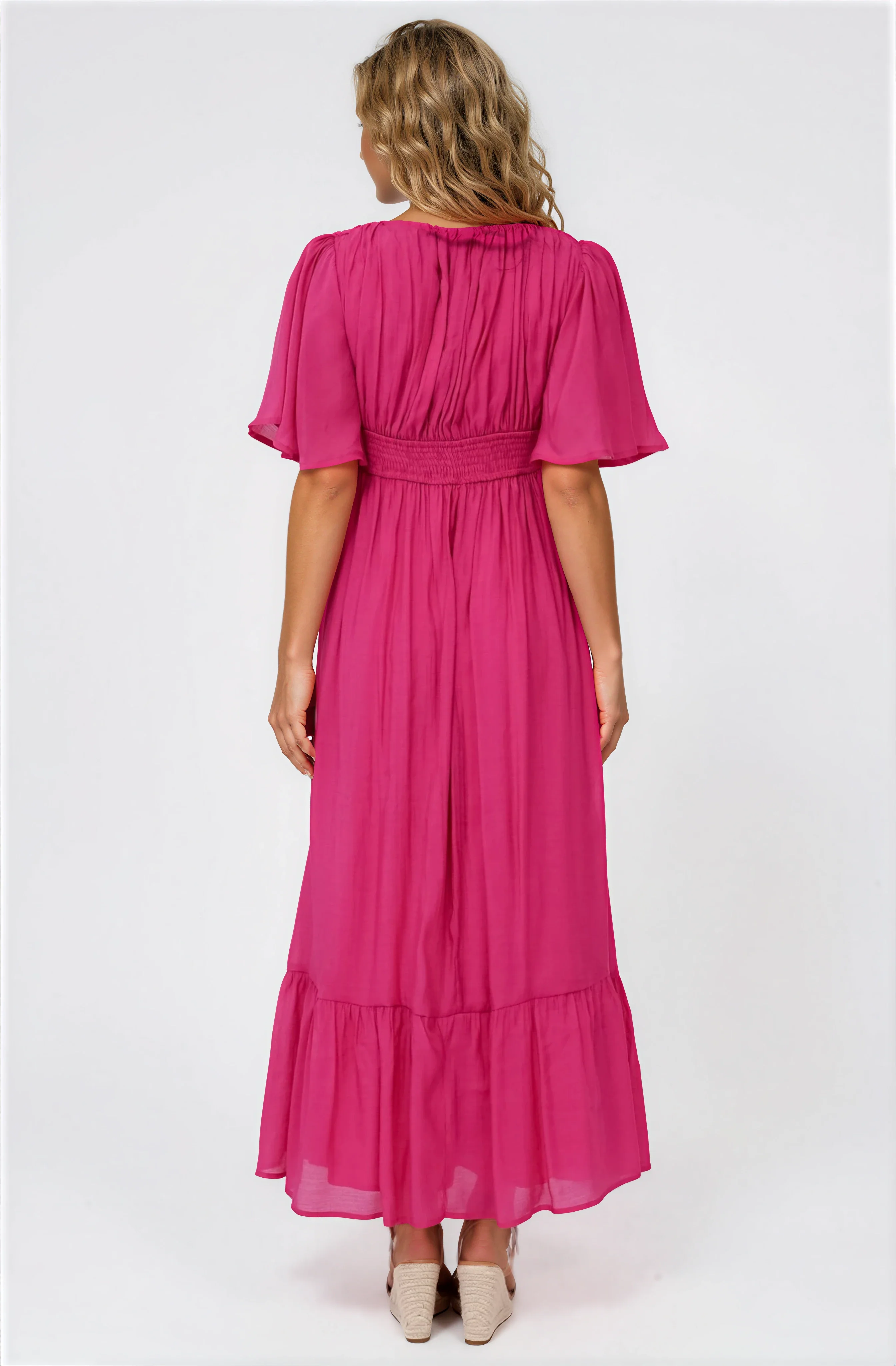 Glades Maxi Dress - V Neck Shirred Waist A Line Dress in Hot Pink - Image 6