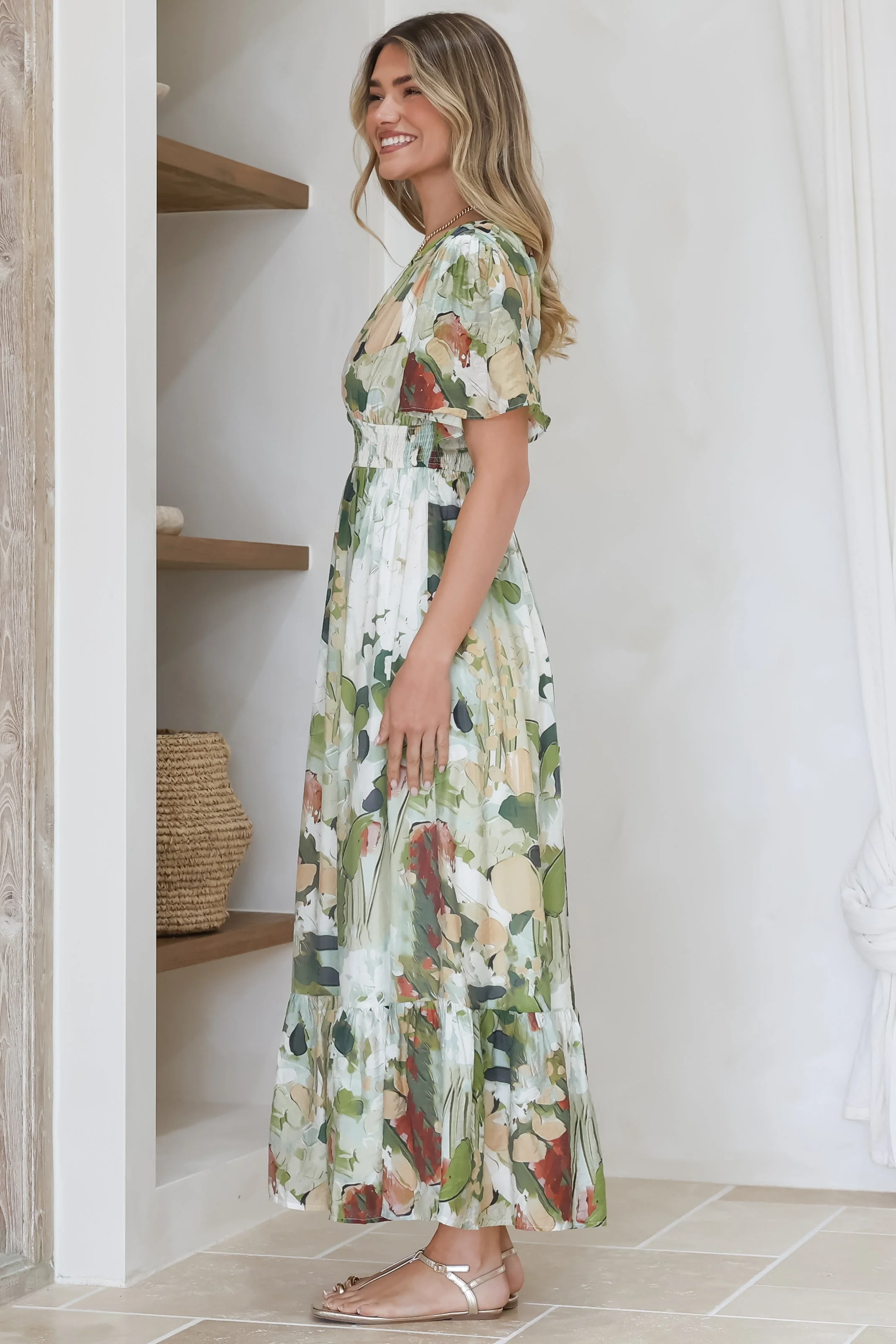 Glades Maxi Dress - V Neck Shirred Waist A Line Dress in Kamara Print Green - Image 10