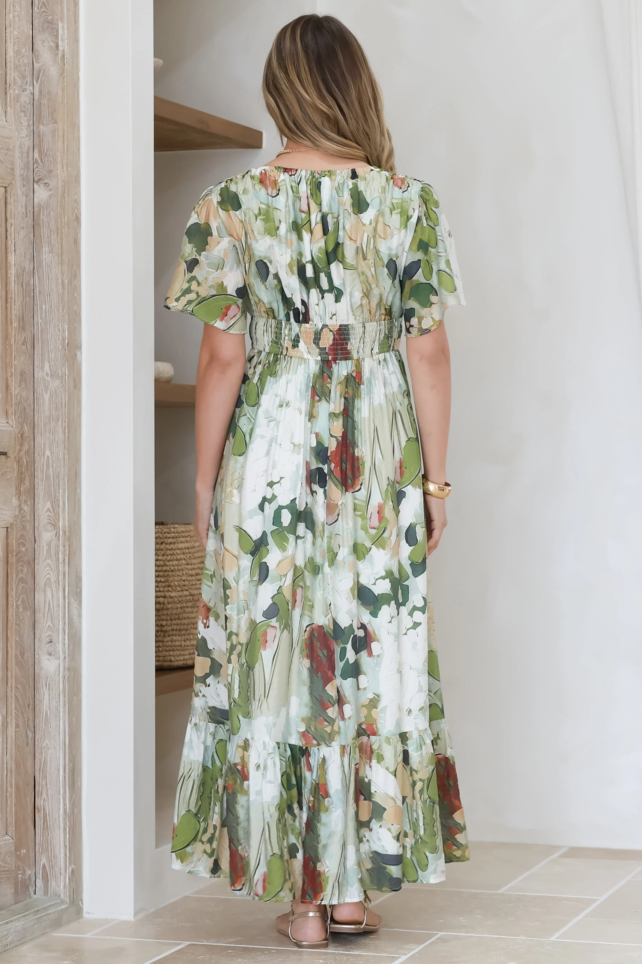 Glades Maxi Dress - V Neck Shirred Waist A Line Dress in Kamara Print Green - Image 11