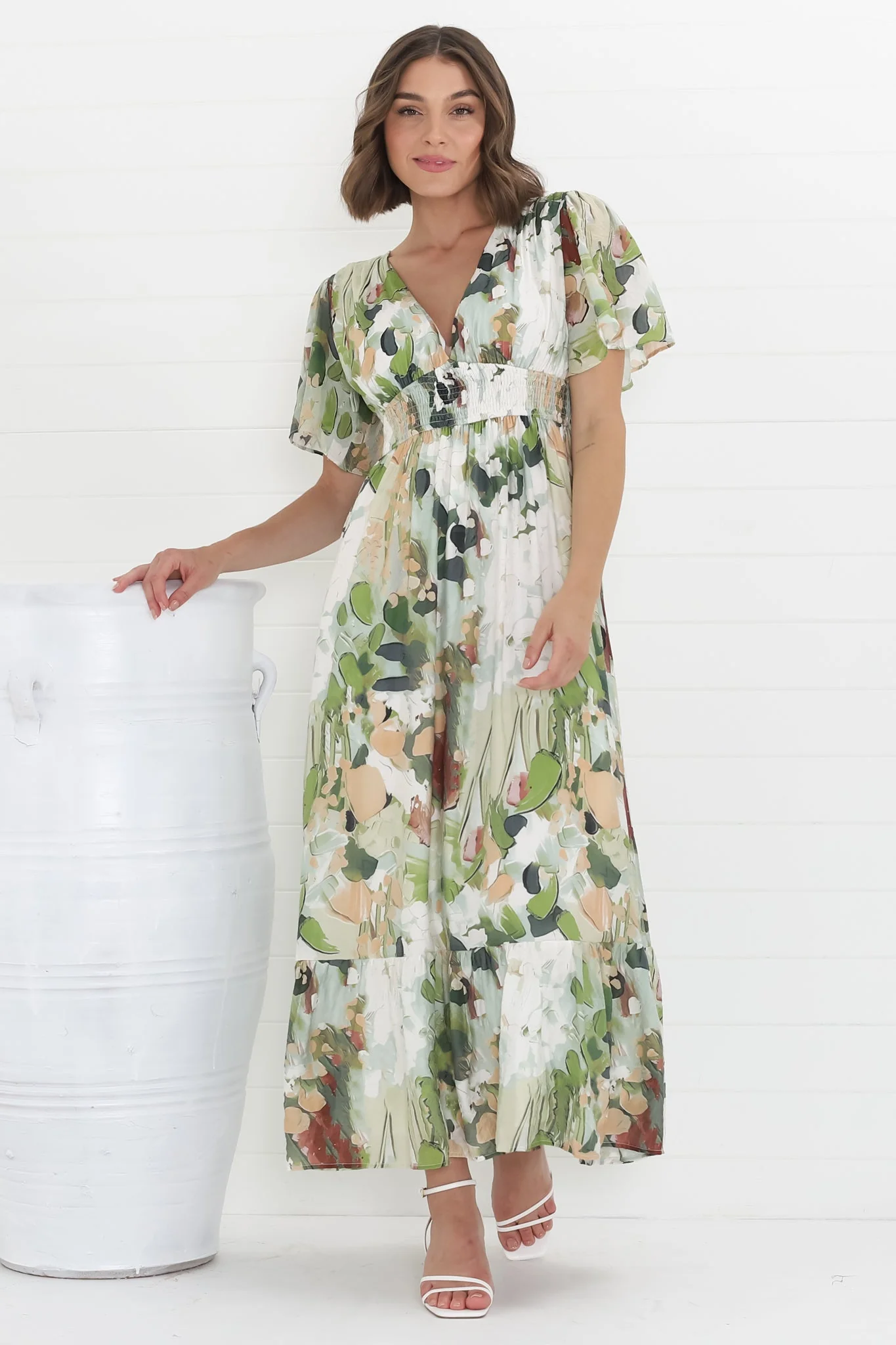 Glades Maxi Dress - V Neck Shirred Waist A Line Dress in Kamara Print Green - Image 12