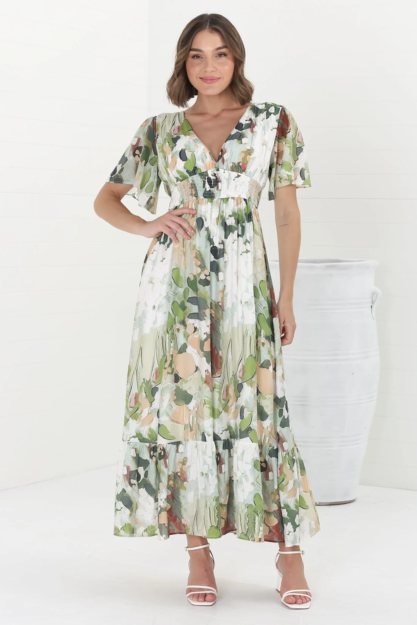 Glades Maxi Dress - V Neck Shirred Waist A Line Dress in Kamara Print Green - Image 13