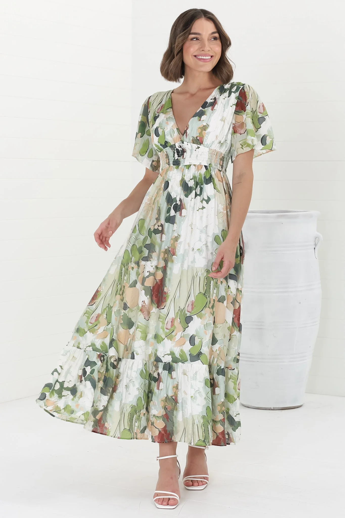 Glades Maxi Dress - V Neck Shirred Waist A Line Dress in Kamara Print Green - Image 14