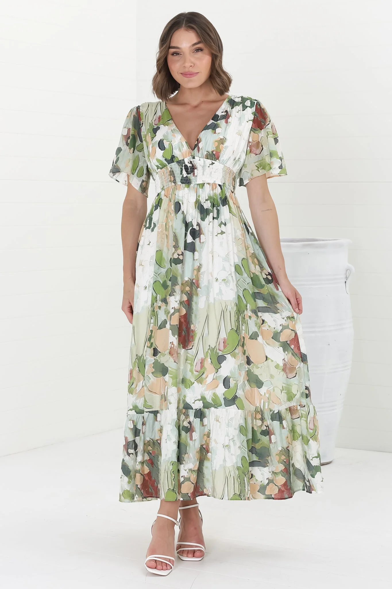 Glades Maxi Dress - V Neck Shirred Waist A Line Dress in Kamara Print Green - Image 15