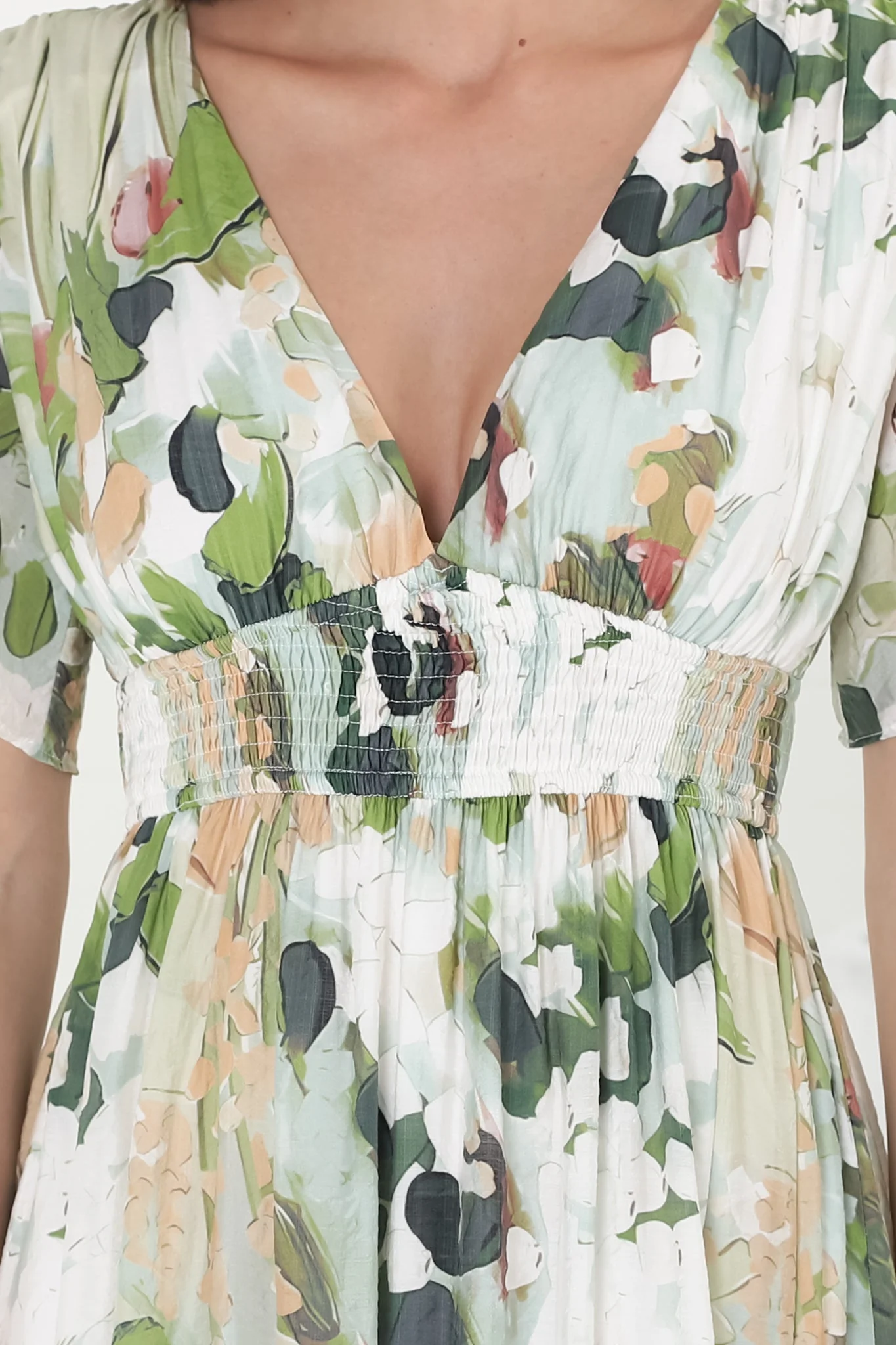 Glades Maxi Dress - V Neck Shirred Waist A Line Dress in Kamara Print Green - Image 16