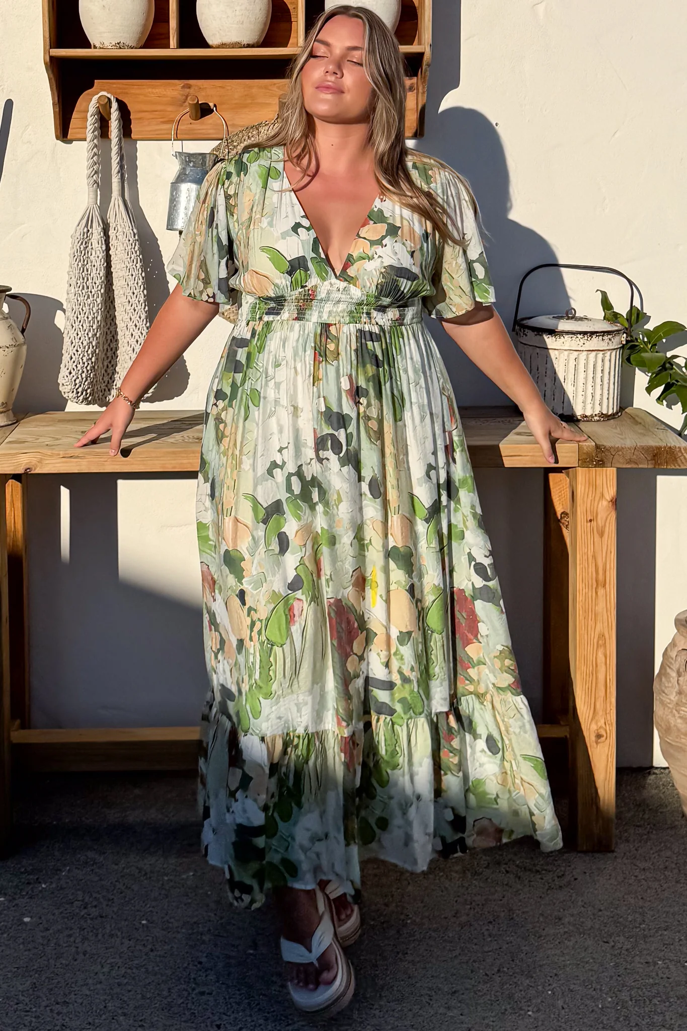Glades Maxi Dress - V Neck Shirred Waist A Line Dress in Kamara Print Green - Image 3