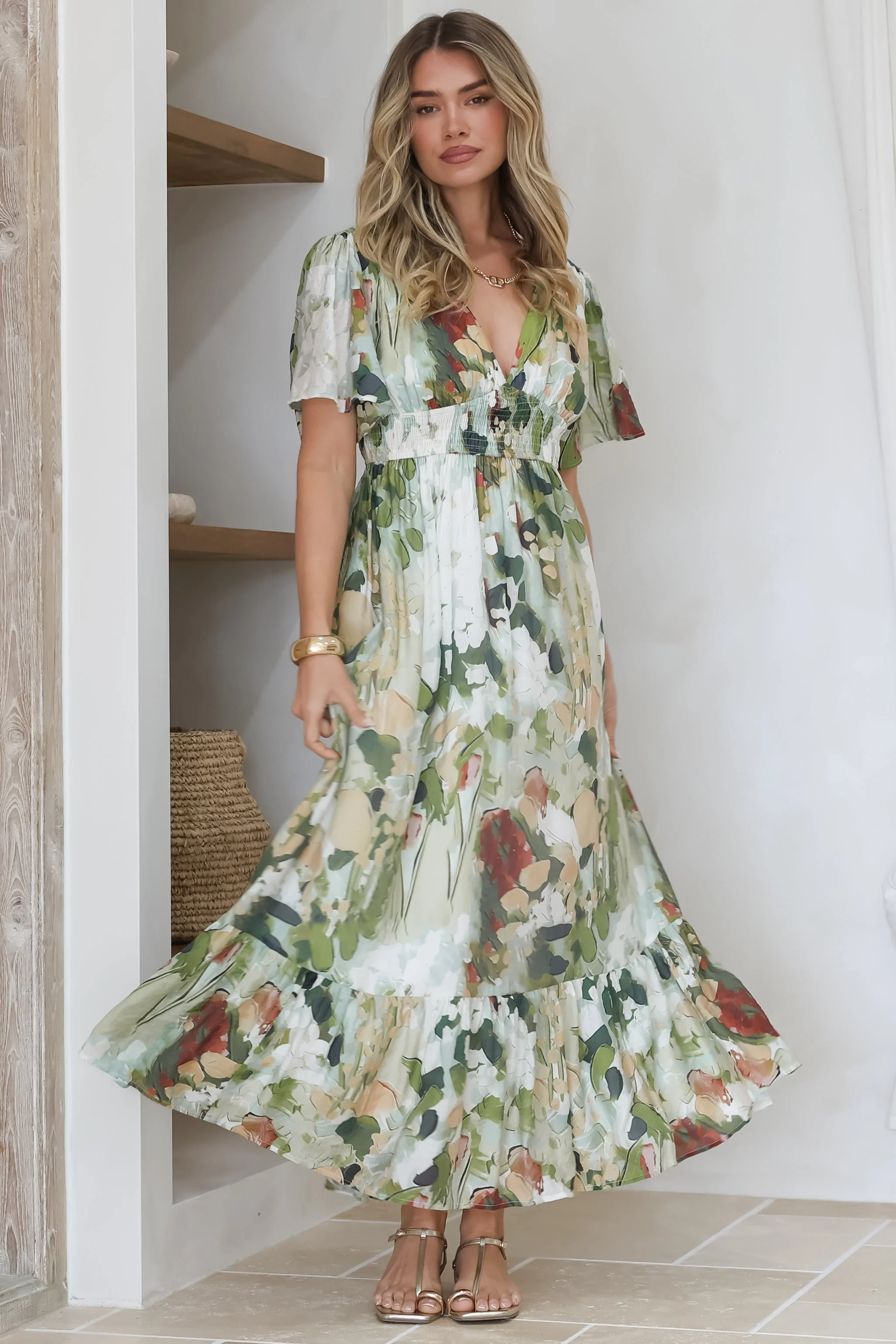Glades Maxi Dress - V Neck Shirred Waist A Line Dress in Kamara Print Green - Image 4