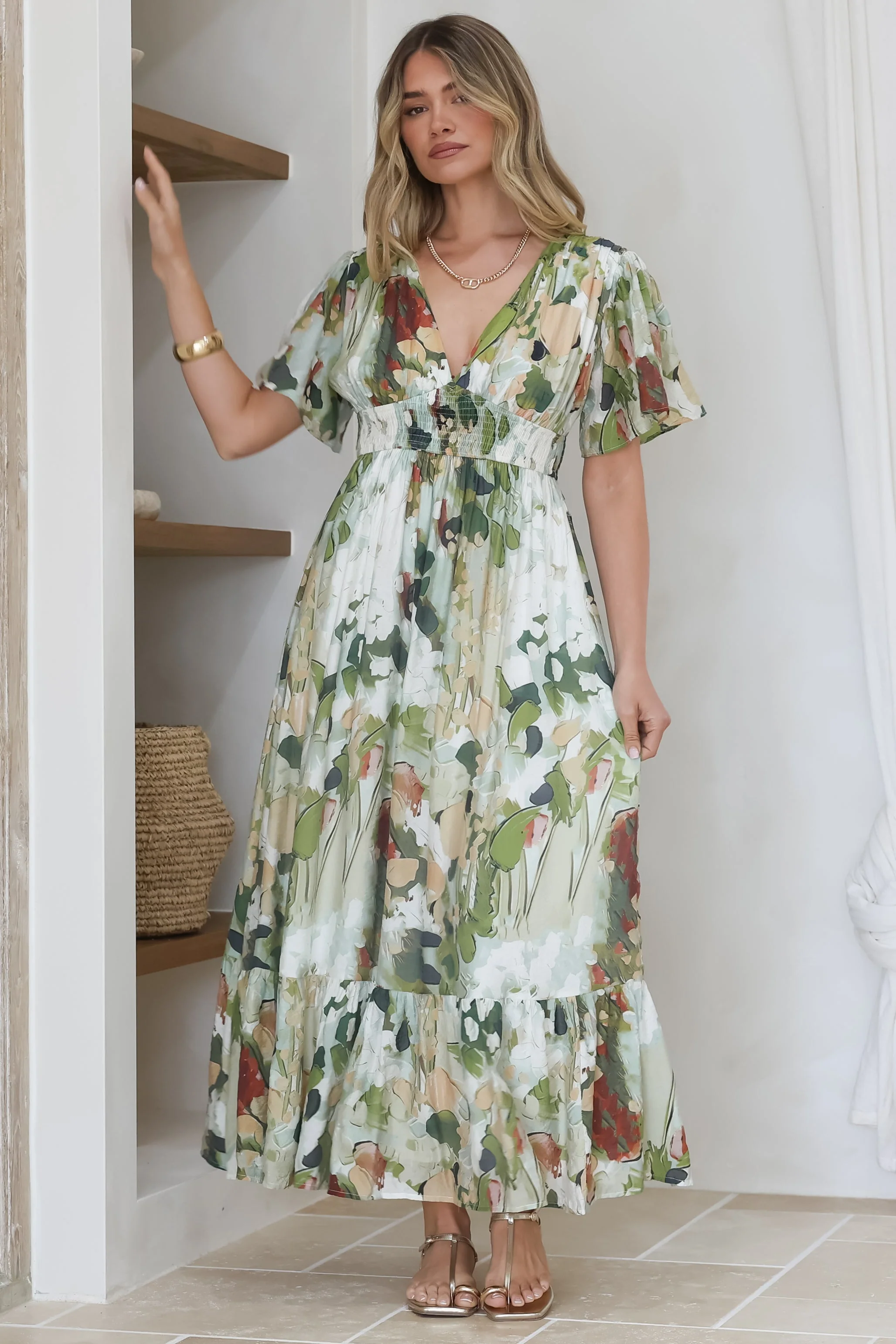 Glades Maxi Dress - V Neck Shirred Waist A Line Dress in Kamara Print Green - Image 5