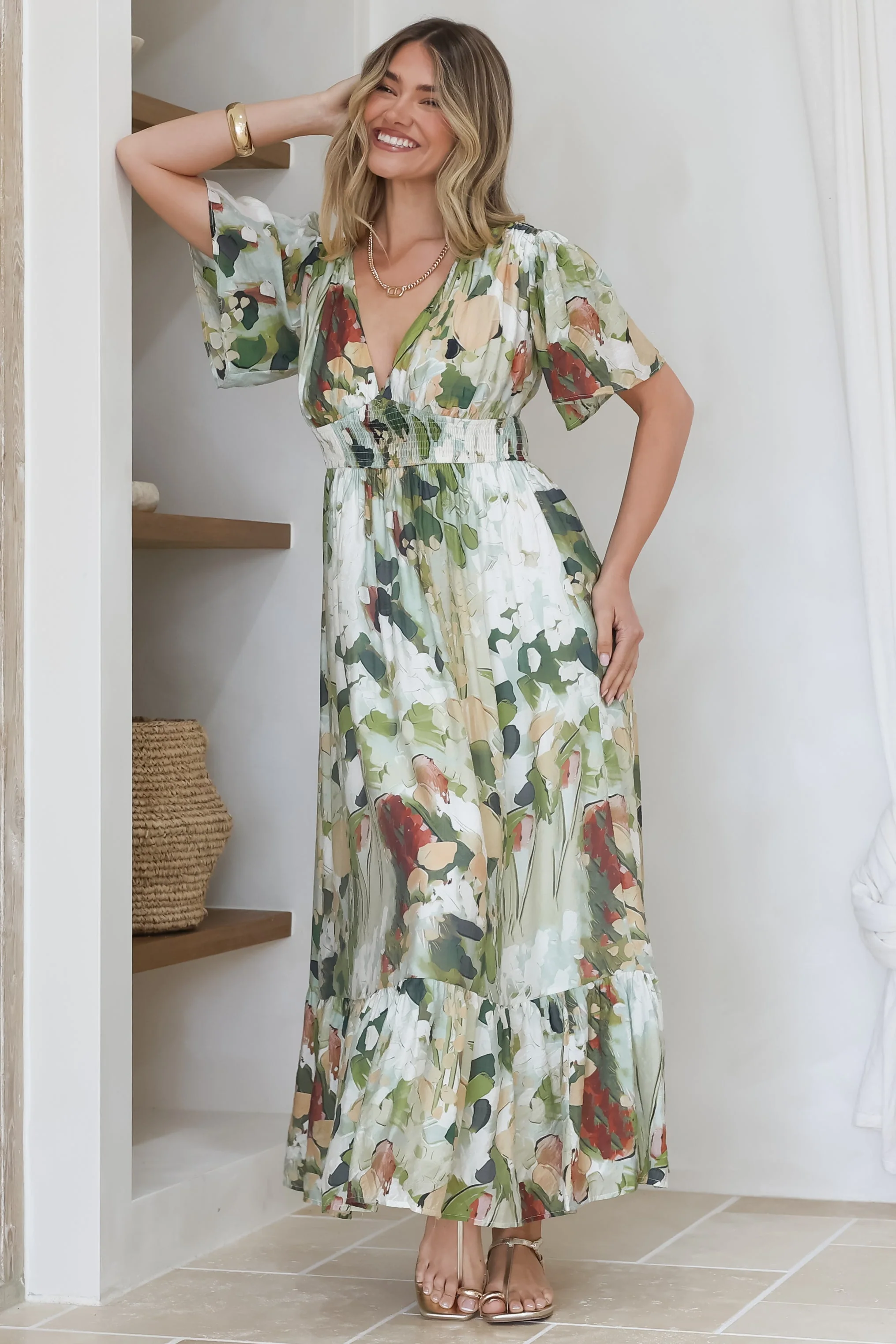 Glades Maxi Dress - V Neck Shirred Waist A Line Dress in Kamara Print Green - Image 6