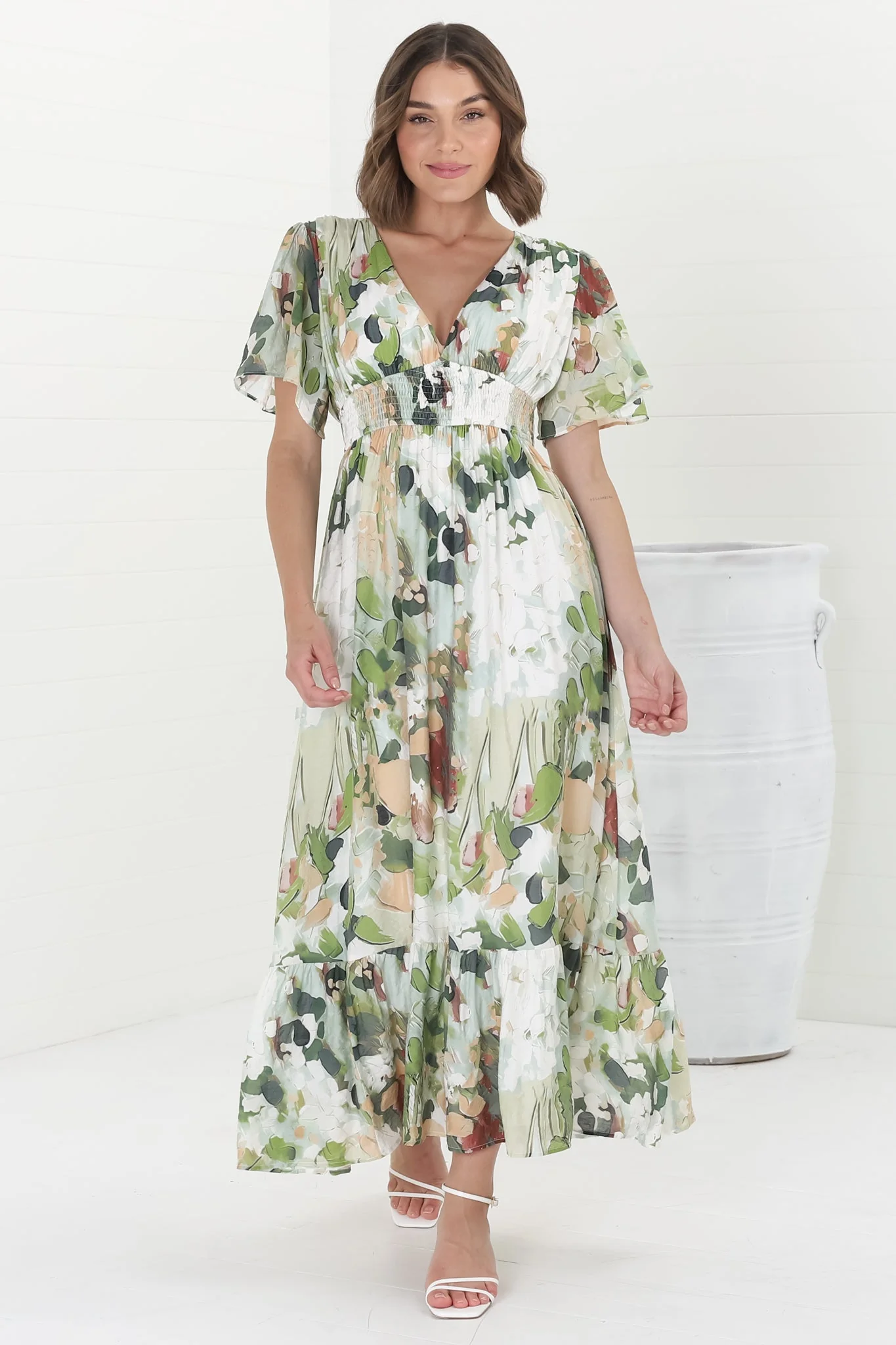 Glades Maxi Dress - V Neck Shirred Waist A Line Dress in Kamara Print Green - Image 8