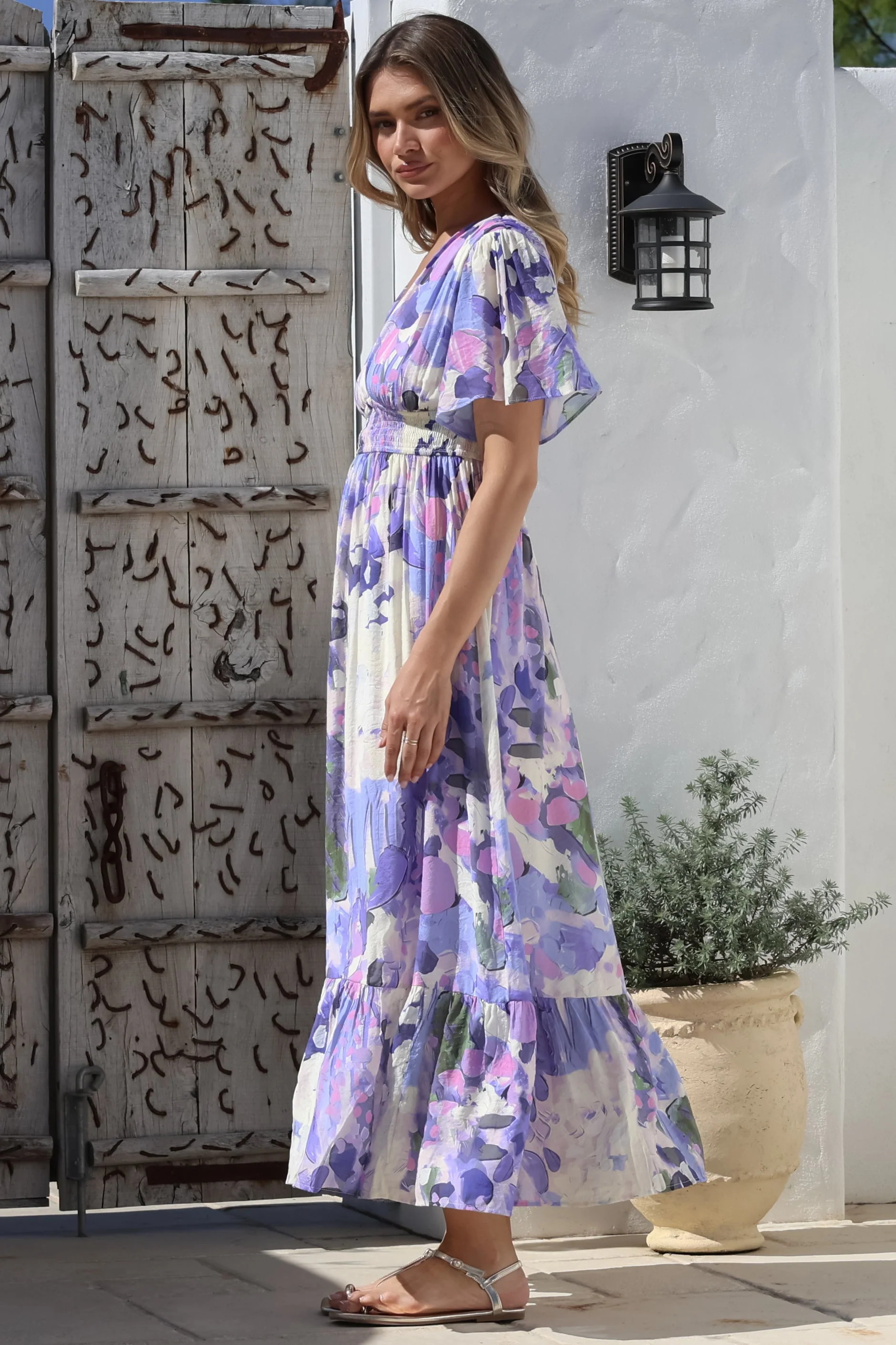 Glades Maxi Dress - V Neck Shirred Waist A Line Dress in Kamara Print Lilac - Image 15